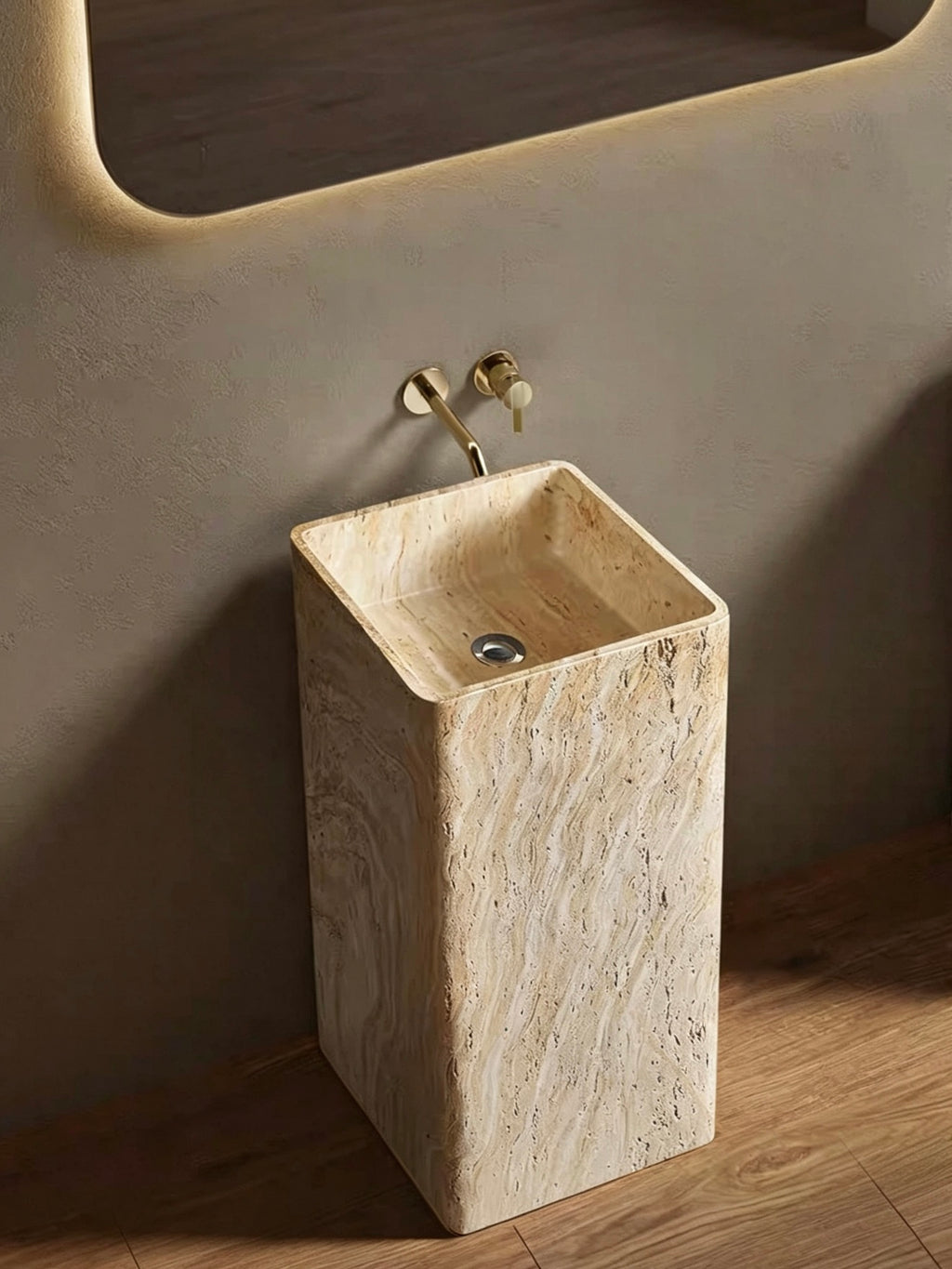Travertine Pedestal Sink | Warm Cream Artificial Stone Freestanding Basin for Wall-Mount Faucet