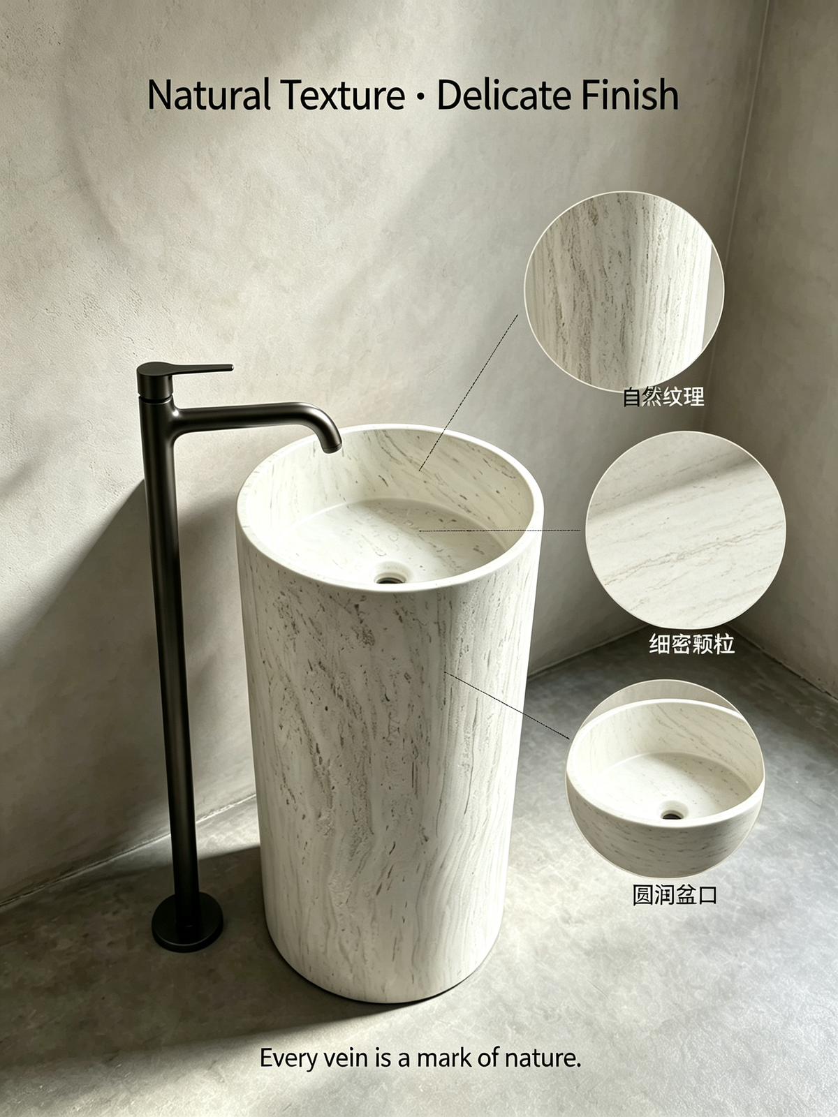 Travertine Wood Pedestal Sink | White Cylindrical Freestanding Basin