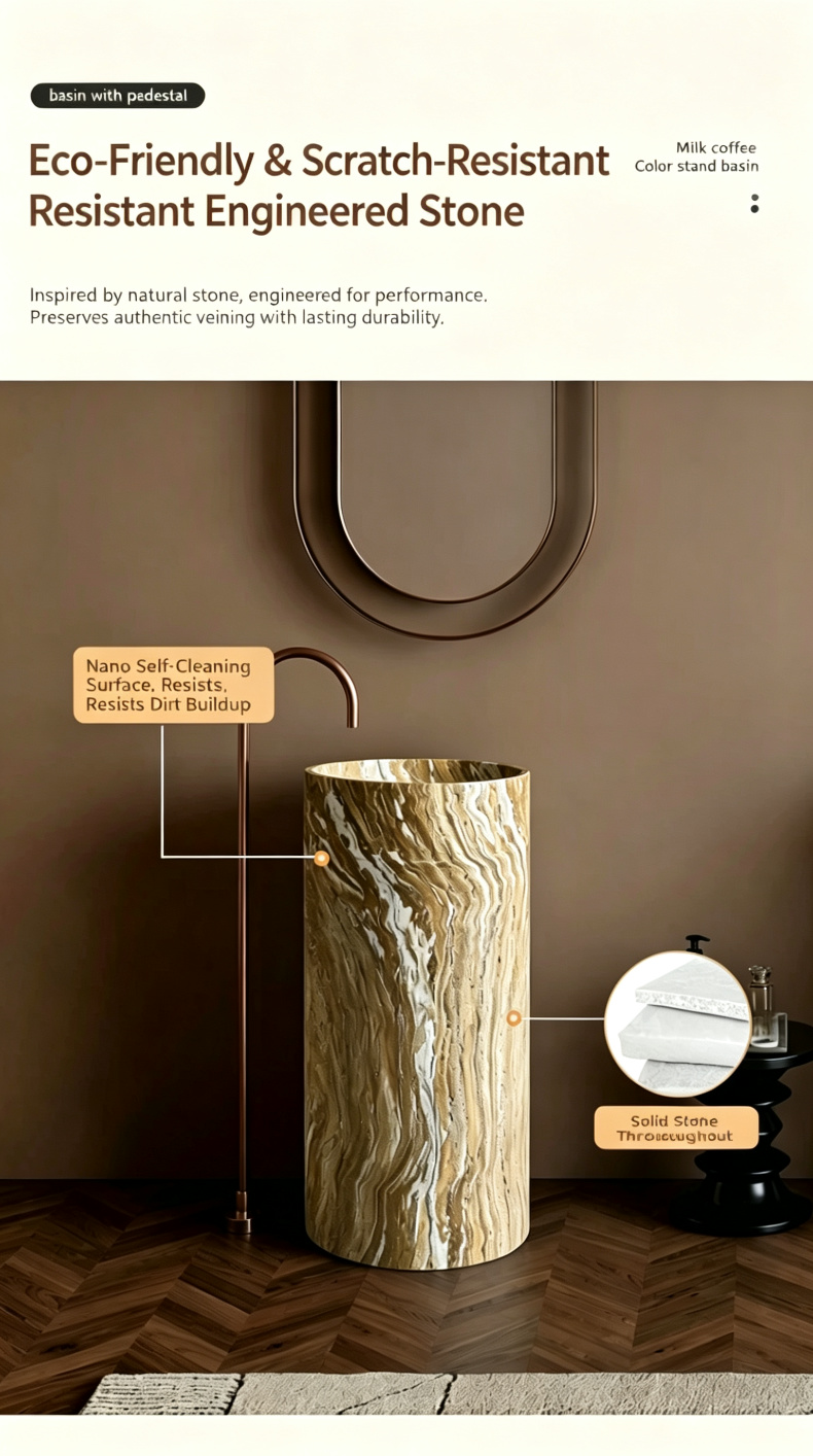 Warm Brown Pedestal Sink | Marble Vein Cylindrical Freestanding Basin
