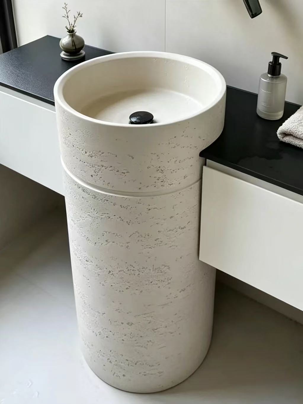 Rough Texture Pedestal Sink | Off-White Travertine Cylindrical Basin