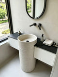 Rough Texture Pedestal Sink | Off-White Travertine Cylindrical Basin