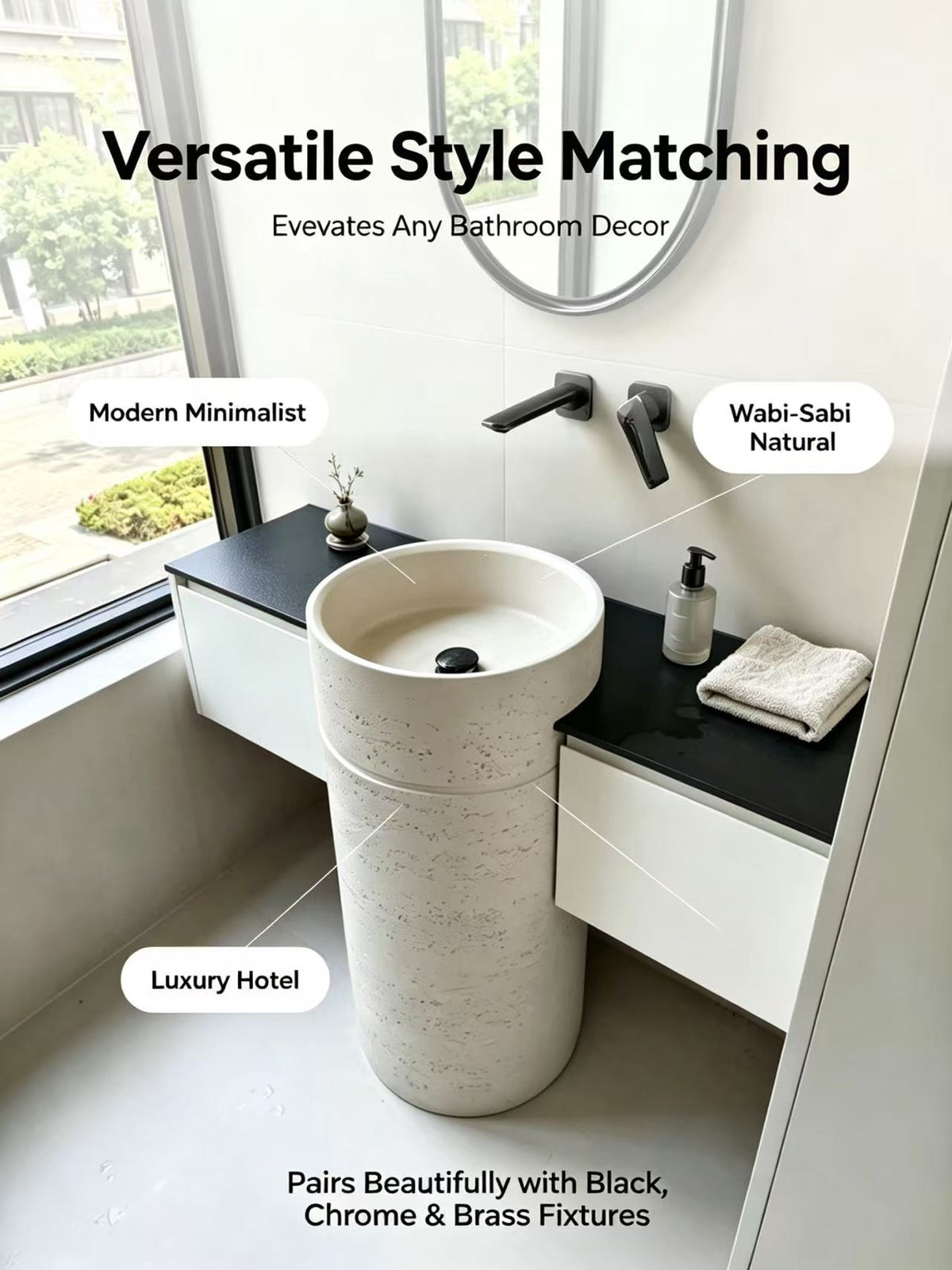 Rough Texture Pedestal Sink | Off-White Travertine Cylindrical Basin