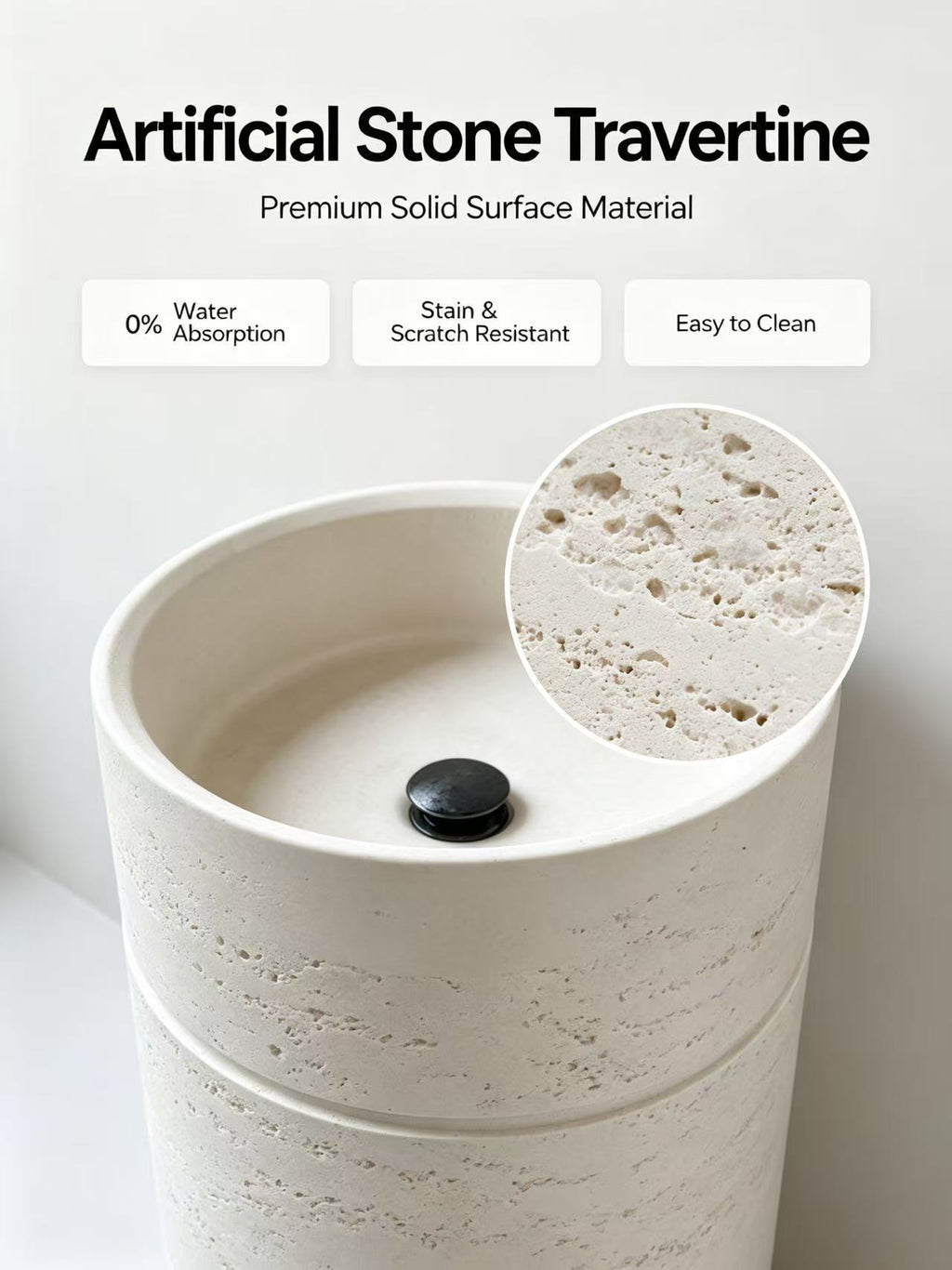 Rough Texture Pedestal Sink | Off-White Travertine Cylindrical Basin