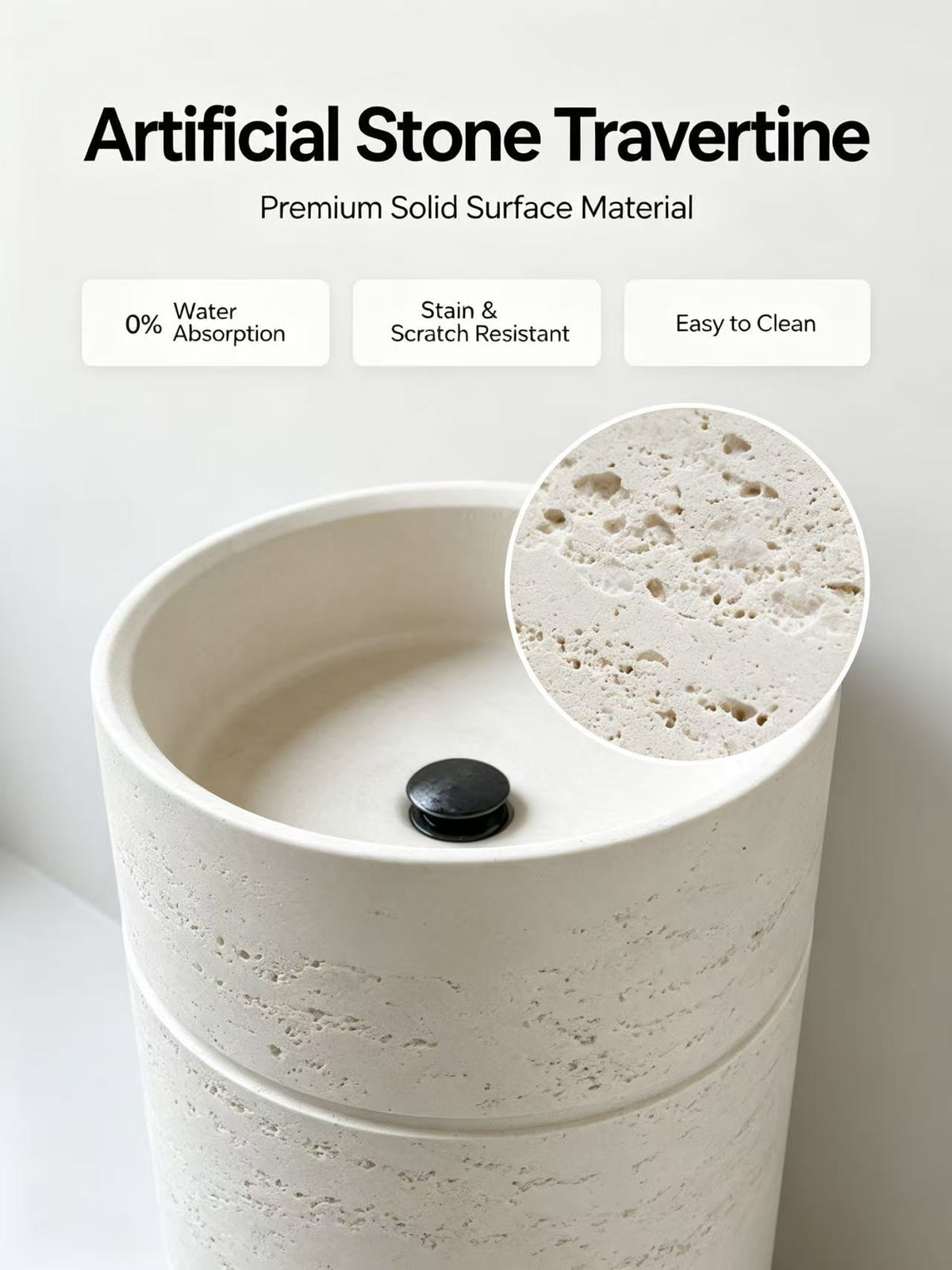 Rough Texture Pedestal Sink | Off-White Travertine Cylindrical Basin