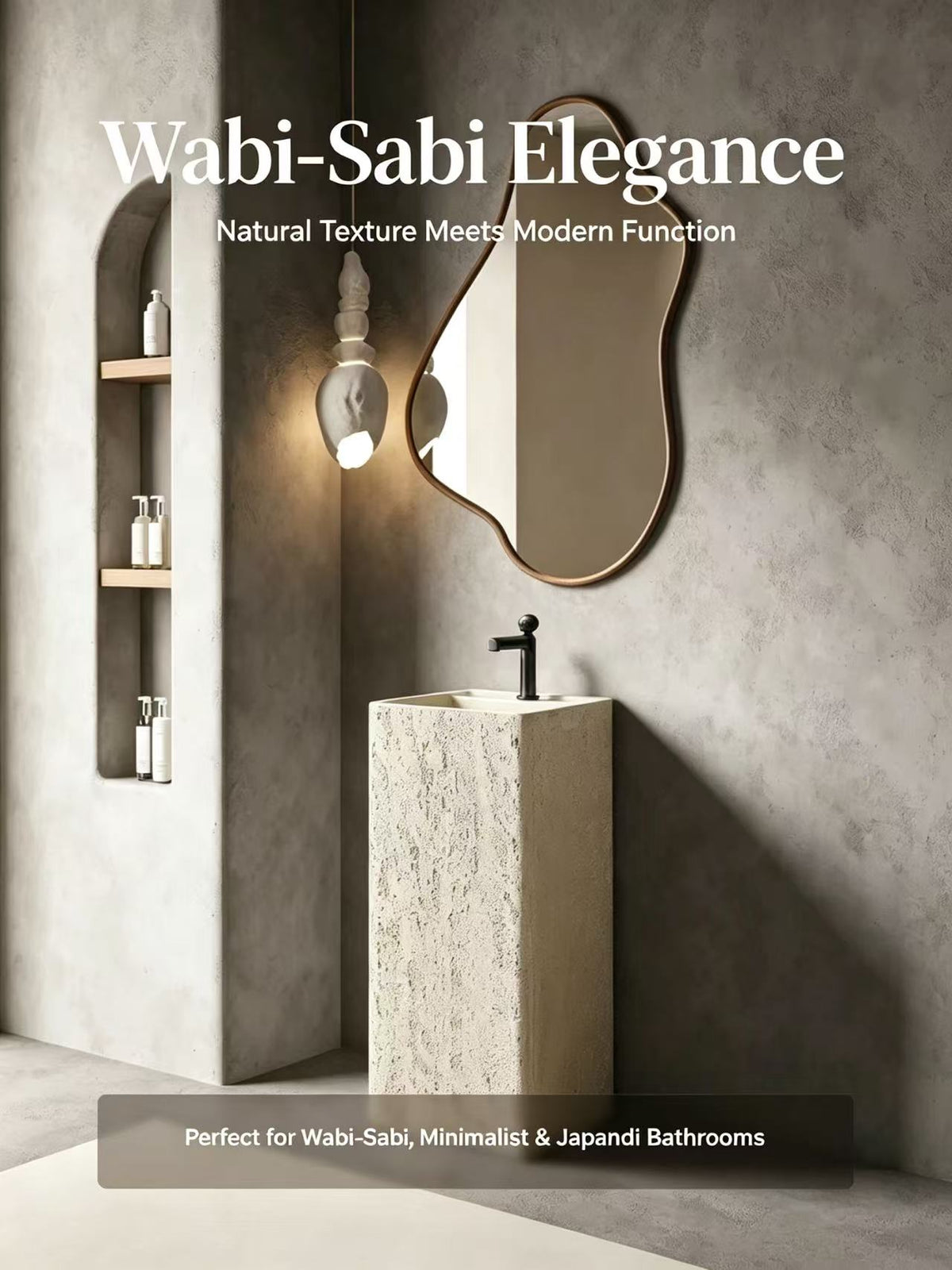Japandi Pedestal Sink | Rough Travertine Square Freestanding Basin