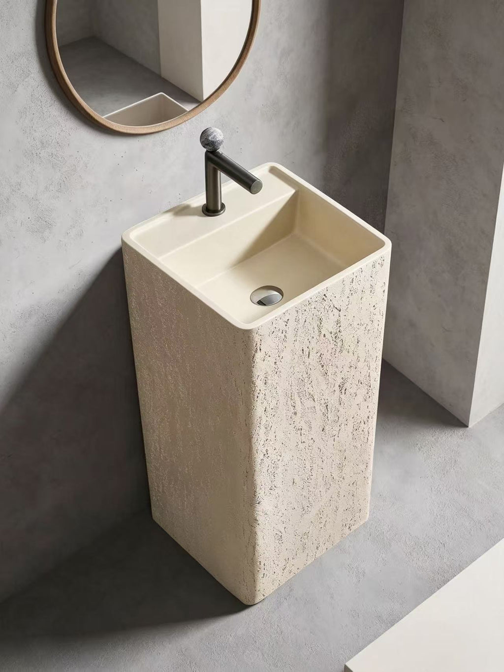 Japandi Pedestal Sink | Rough Travertine Square Freestanding Basin