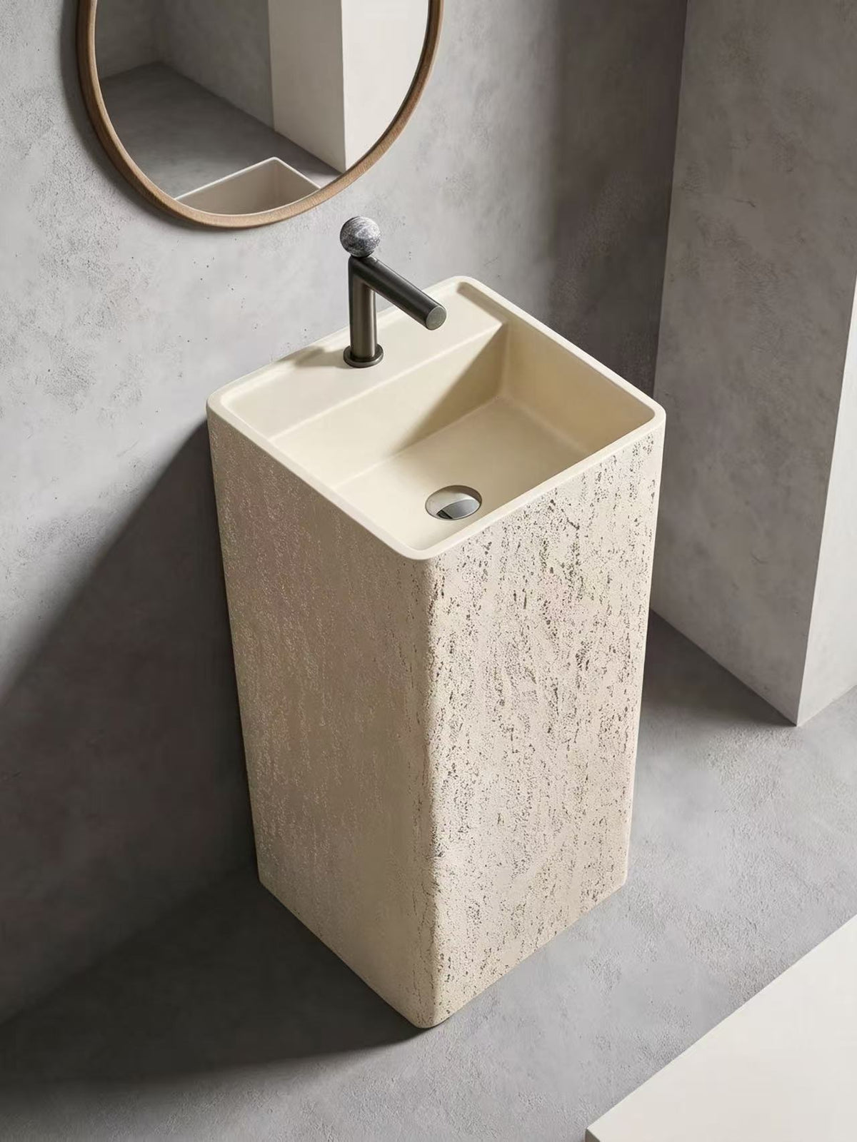 Japandi Pedestal Sink | Rough Travertine Square Freestanding Basin
