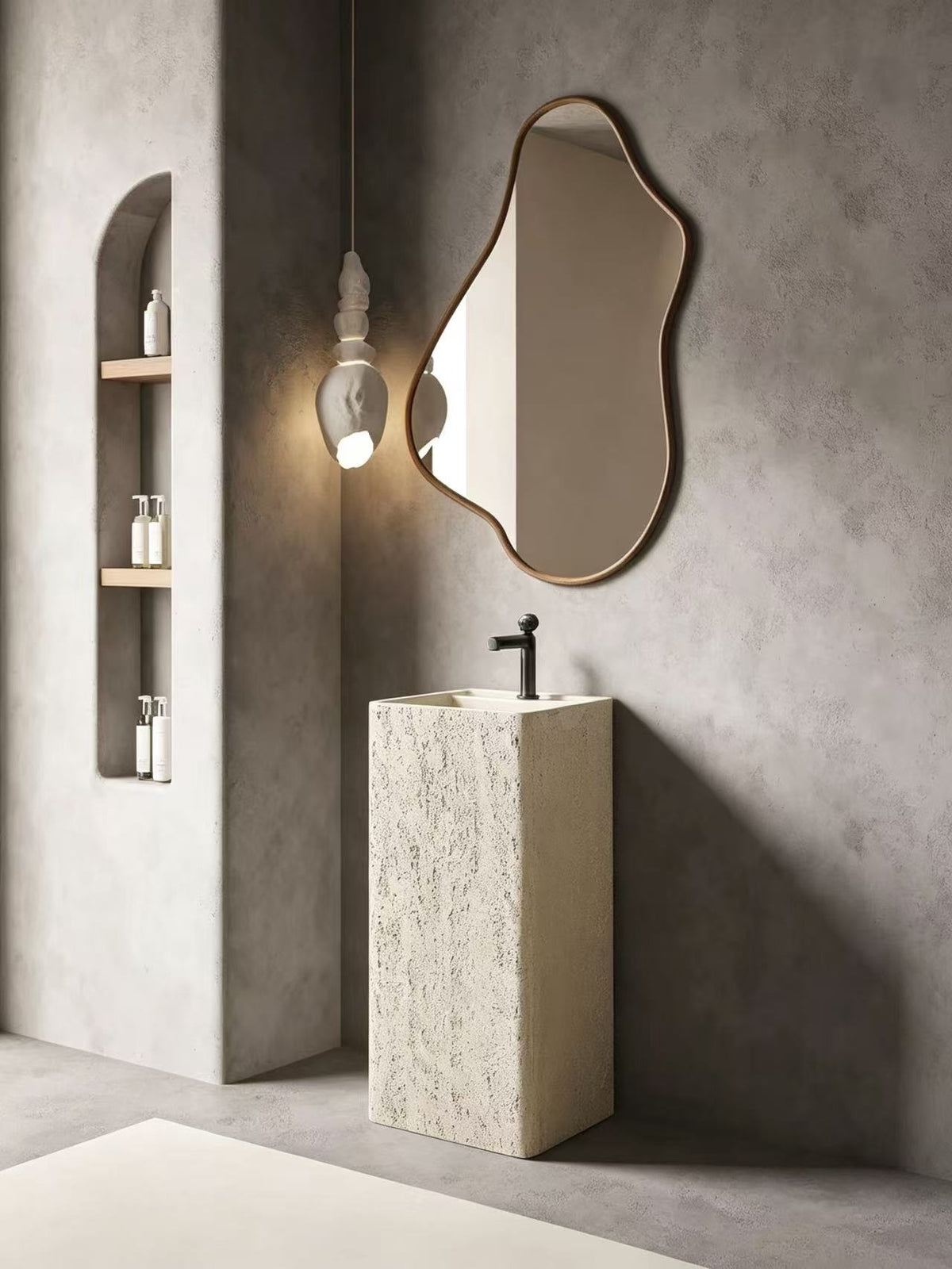 Japandi Pedestal Sink | Rough Travertine Square Freestanding Basin