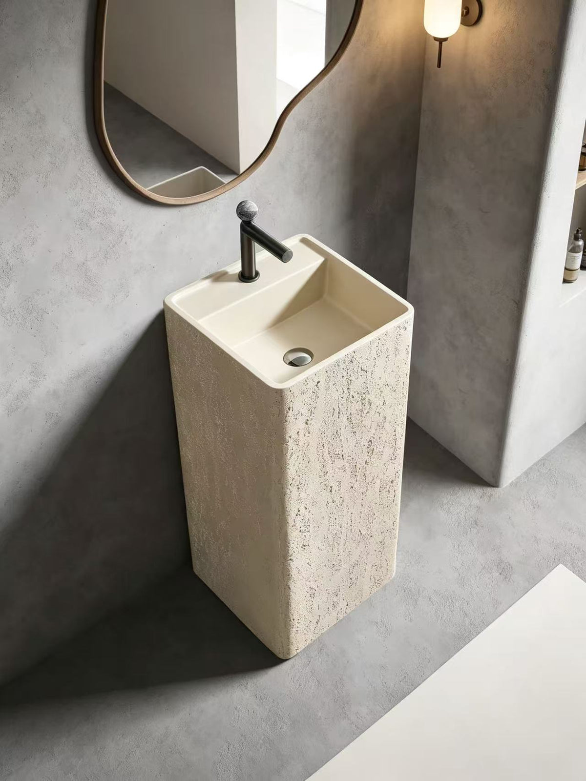 Japandi Pedestal Sink | Rough Travertine Square Freestanding Basin