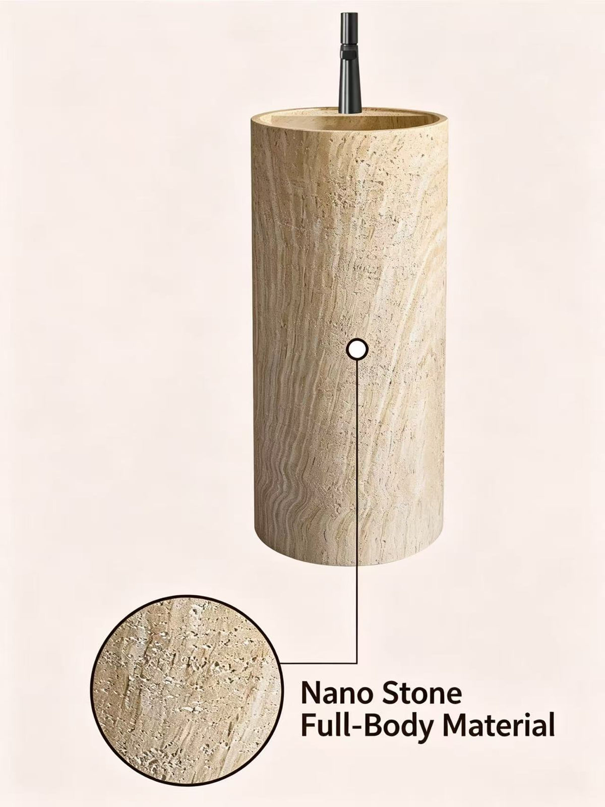 Natural Beige Pedestal Sink | Nano Stone Travertine Cylindrical Basin