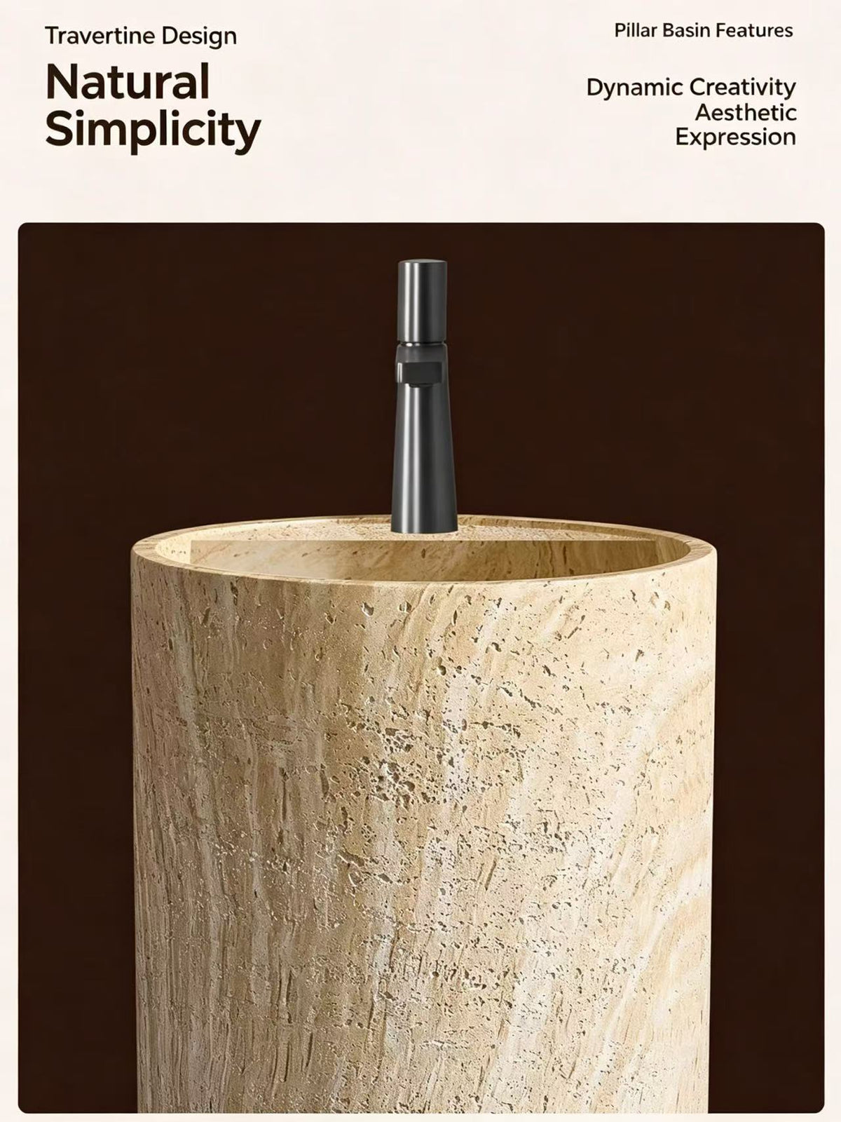 Natural Beige Pedestal Sink | Nano Stone Travertine Cylindrical Basin