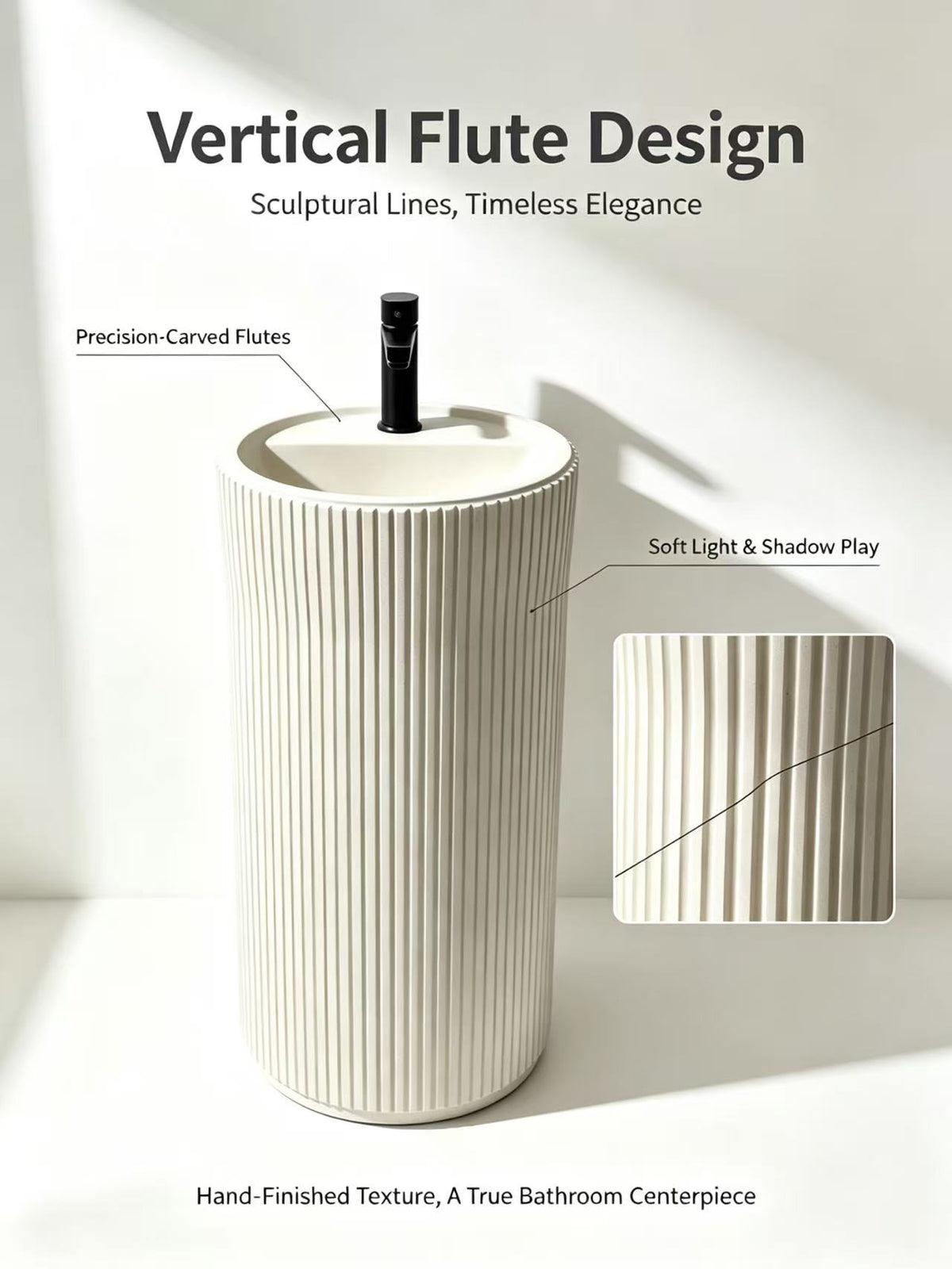 Art Deco Pedestal Sink | White Fluted Cylindrical Freestanding Basin
