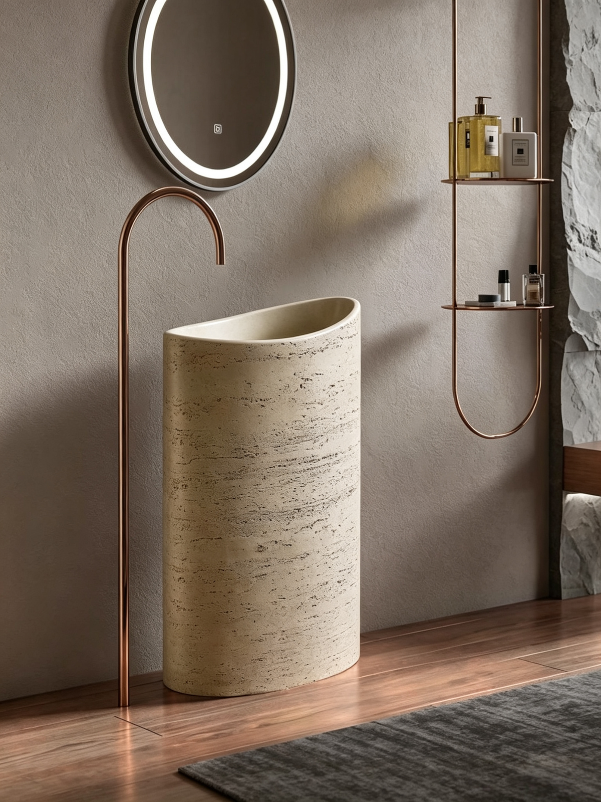Beige artificial stone pedestal sink SGS RoHS testing, factory direct certified bathroom fixture