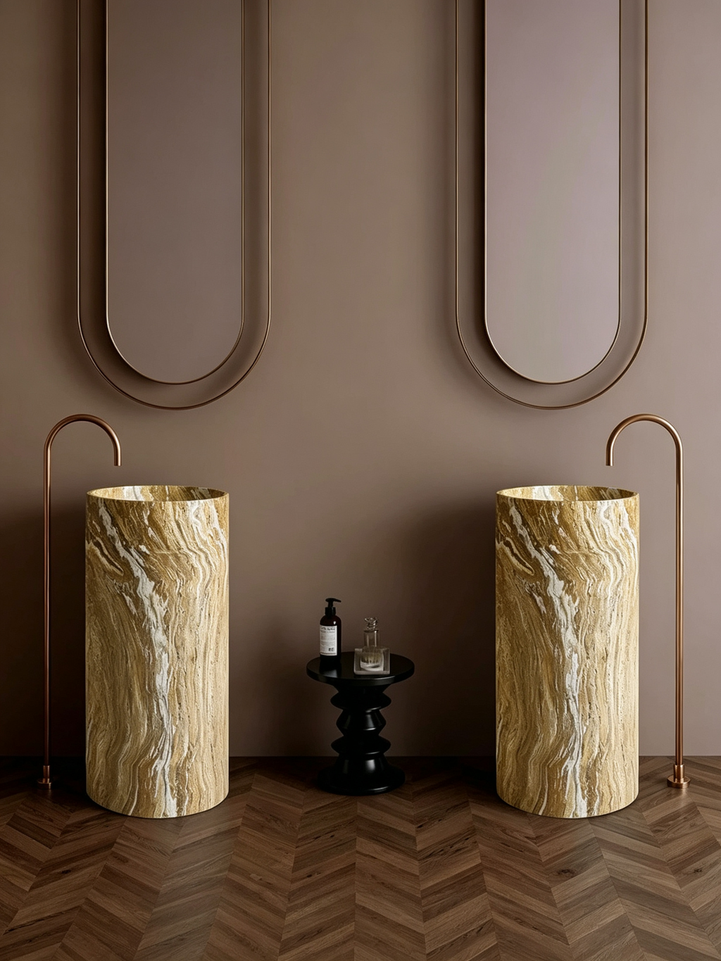 Warm Brown Pedestal Sink | Marble Vein Cylindrical Freestanding Basin