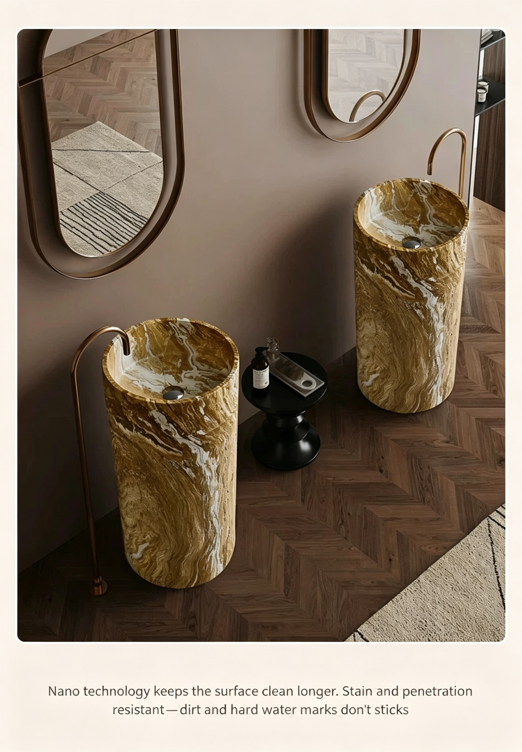 Warm Brown Pedestal Sink | Marble Vein Cylindrical Freestanding Basin