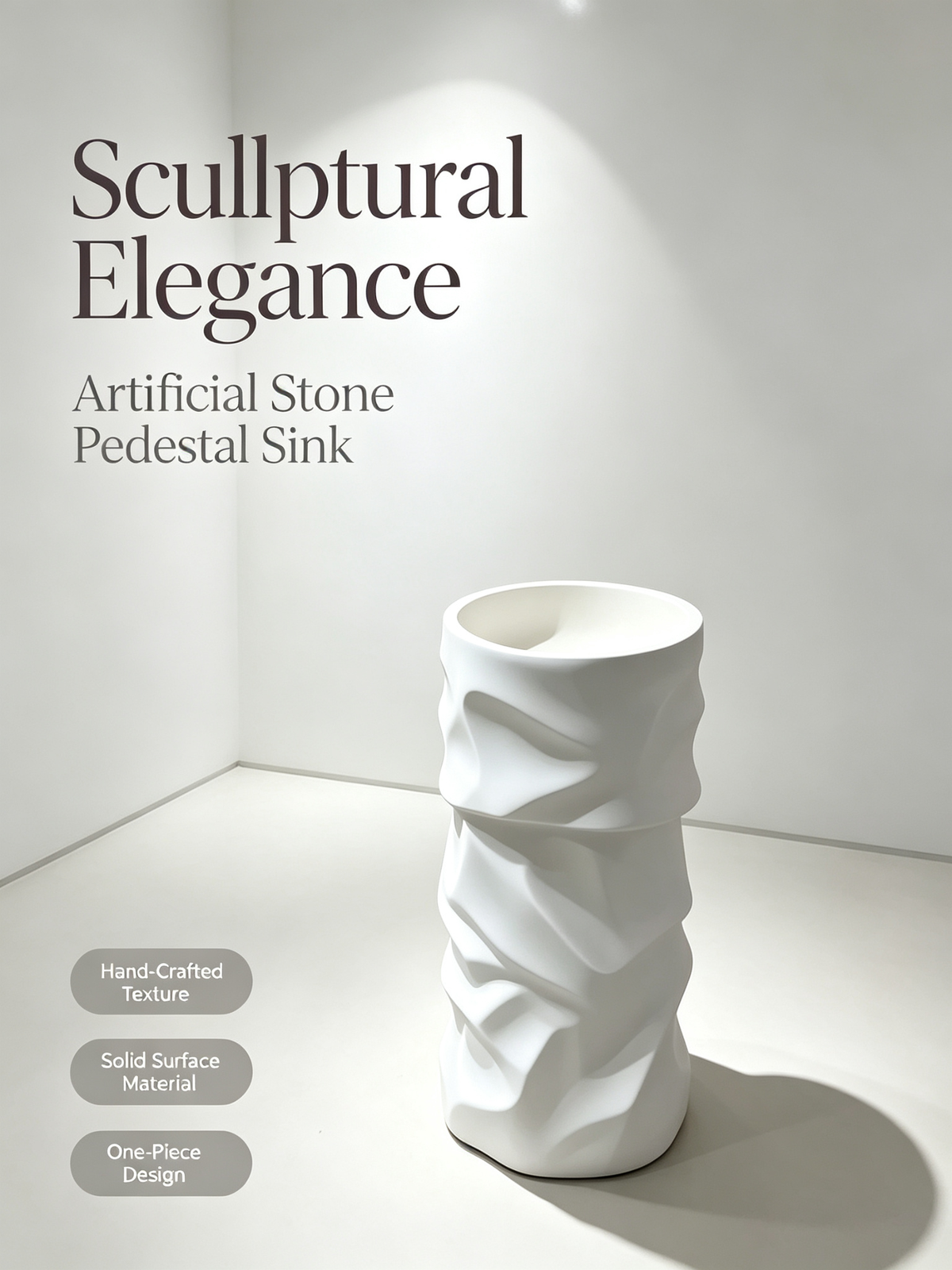 Sculptural Pedestal Sink | Wave Texture White Freestanding Basin