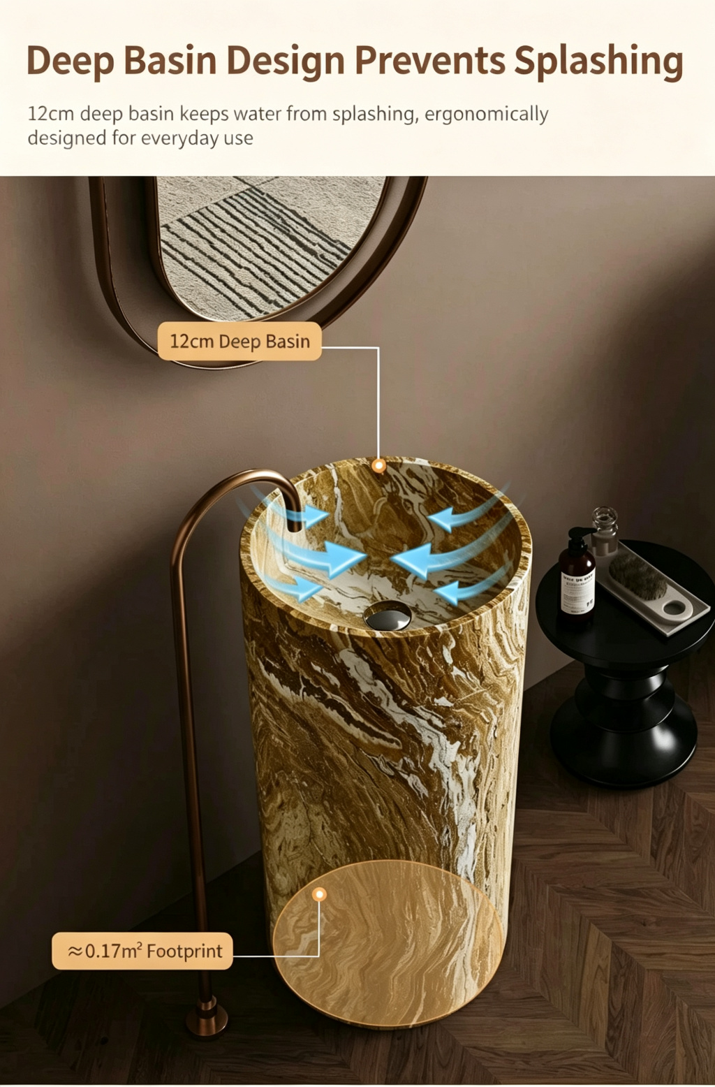 Warm Brown Pedestal Sink | Marble Vein Cylindrical Freestanding Basin