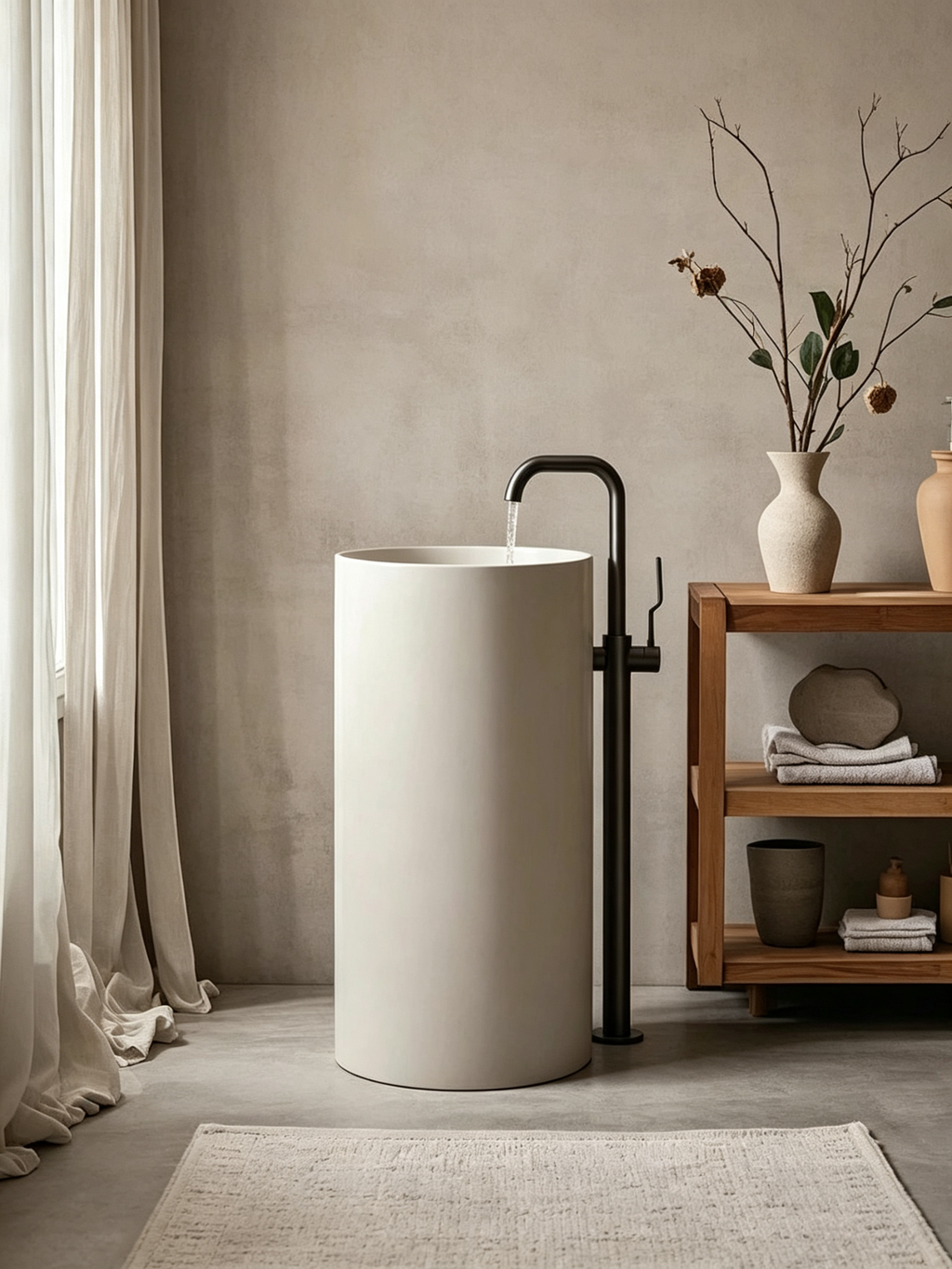 Cream white matte cylindrical artificial stone pedestal sink, one-piece freestanding bathroom basin