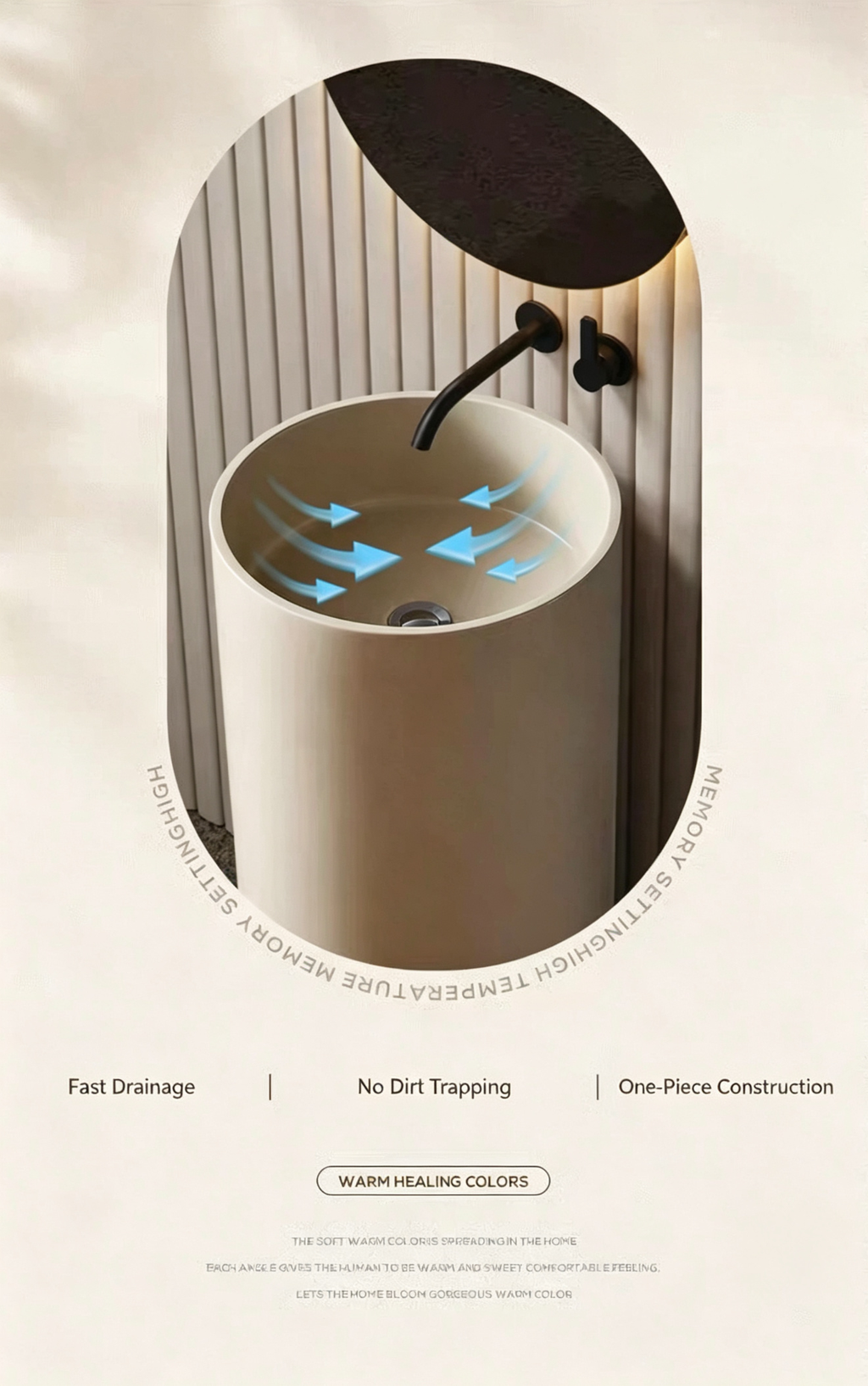 Small Cylindrical Pedestal Sink for Powder Room | Cream Artificial Stone Freestanding Basin
