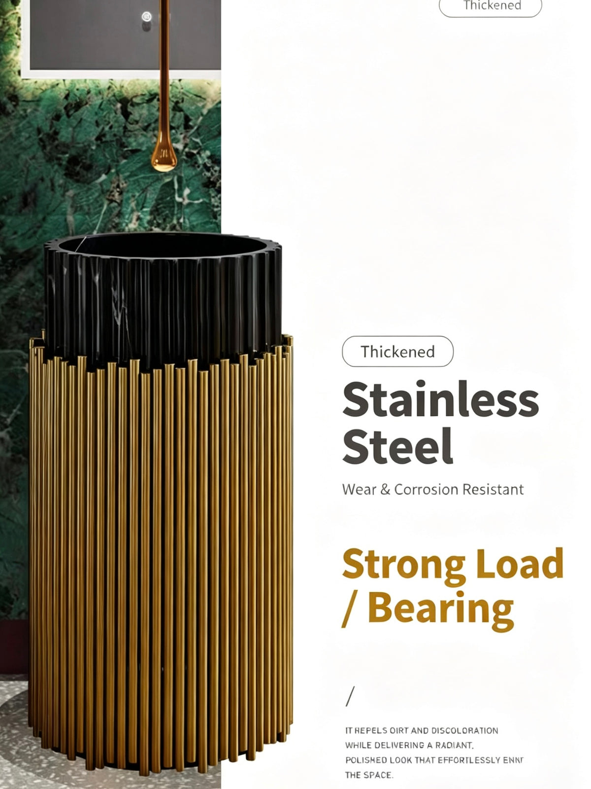 Black Gold Pedestal Sink | Fluted Artificial Stone Freestanding Basin