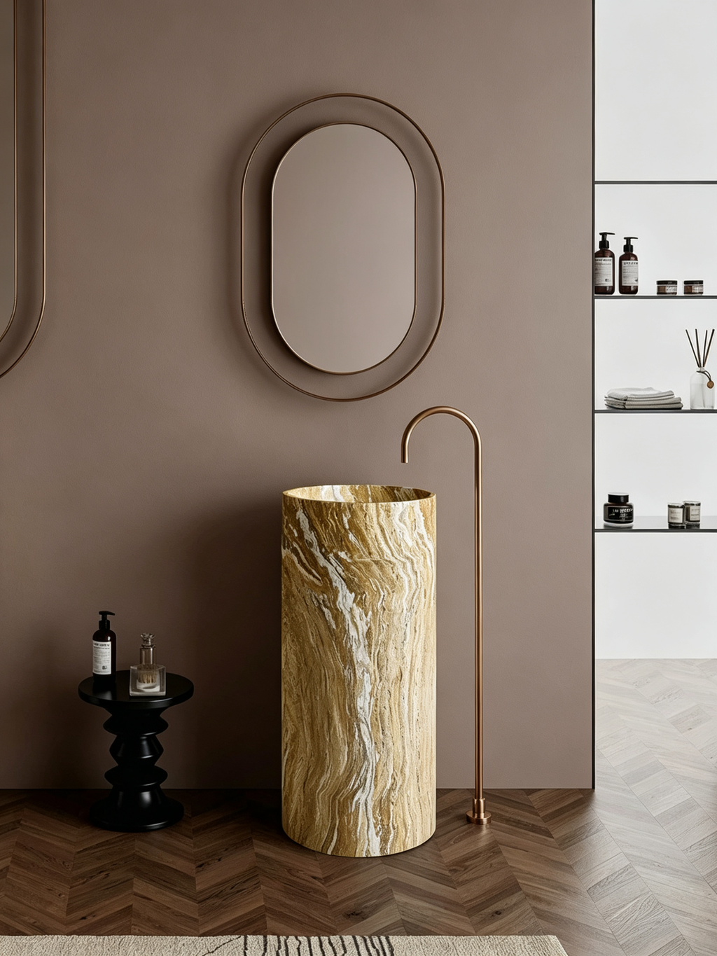 Warm Brown Pedestal Sink | Marble Vein Cylindrical Freestanding Basin