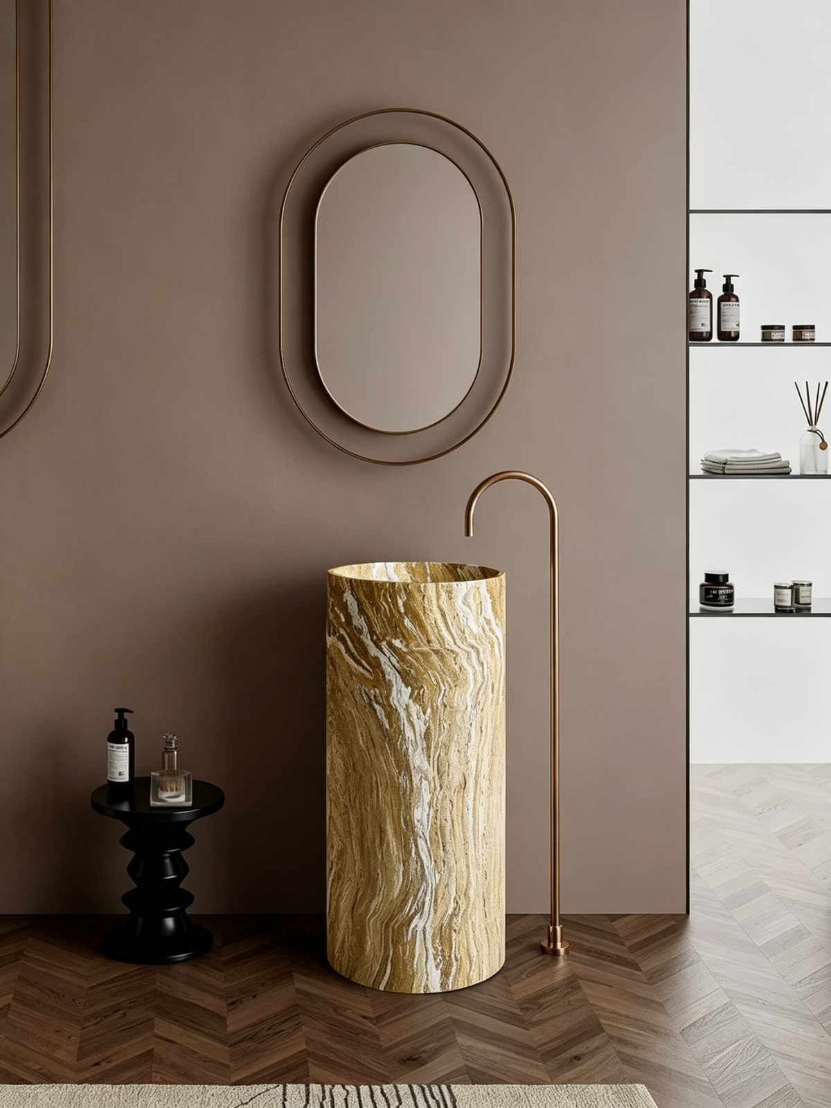 Warm Brown Pedestal Sink | Marble Vein Cylindrical Freestanding Basin