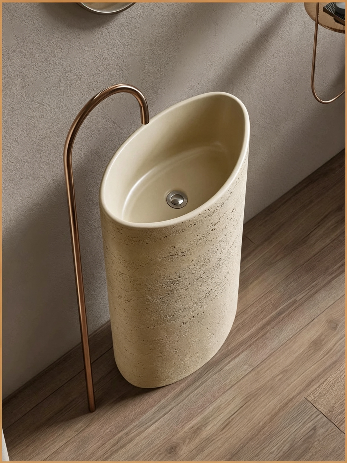 Oval Pedestal Sink | Egg-Shaped Slanted Rim Travertine Artificial Stone Freestanding Basin