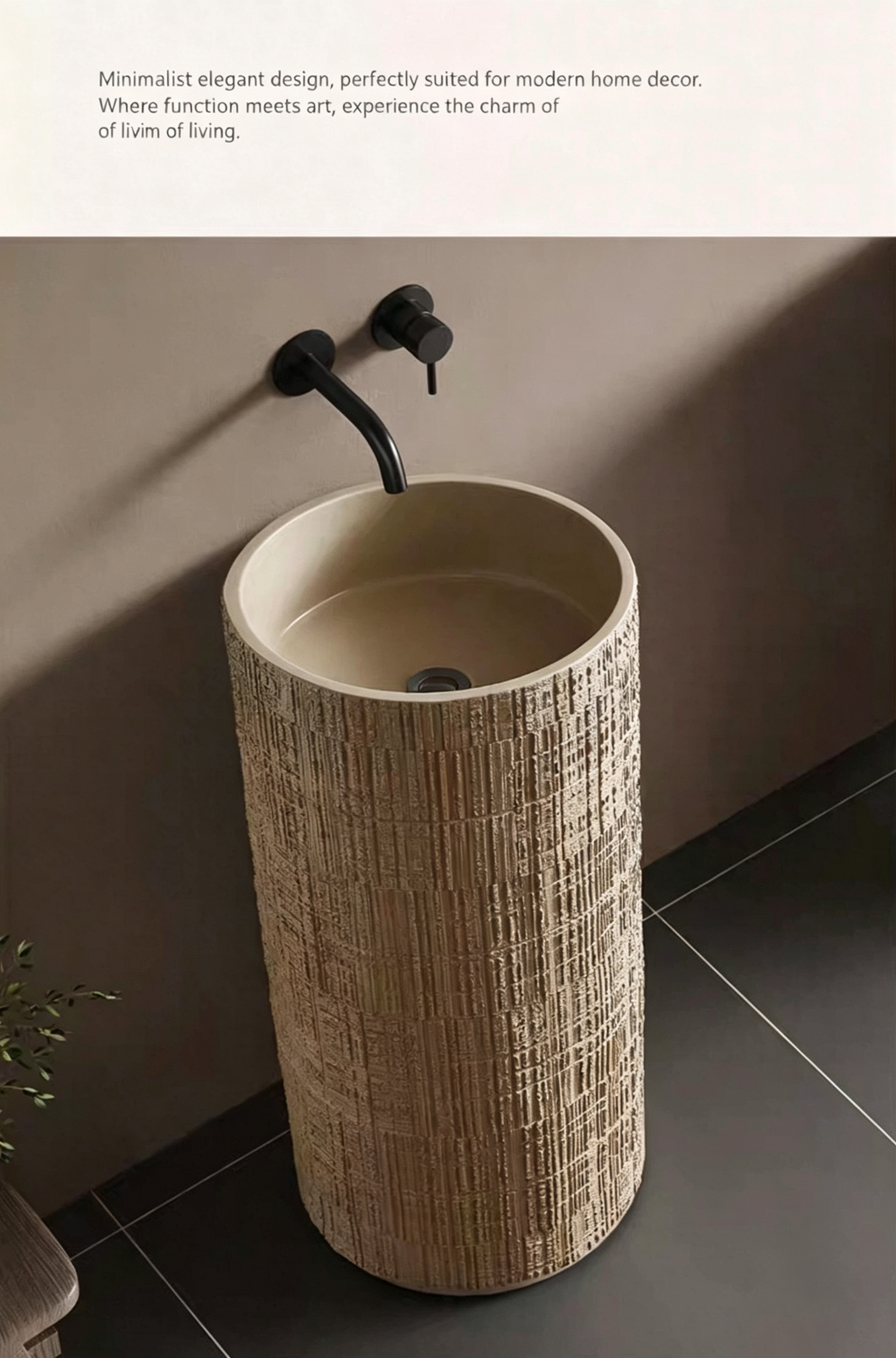 Textured Cylindrical Pedestal Sink | Warm Sand Artificial Stone Freestanding Basin with Free Custom Drilling