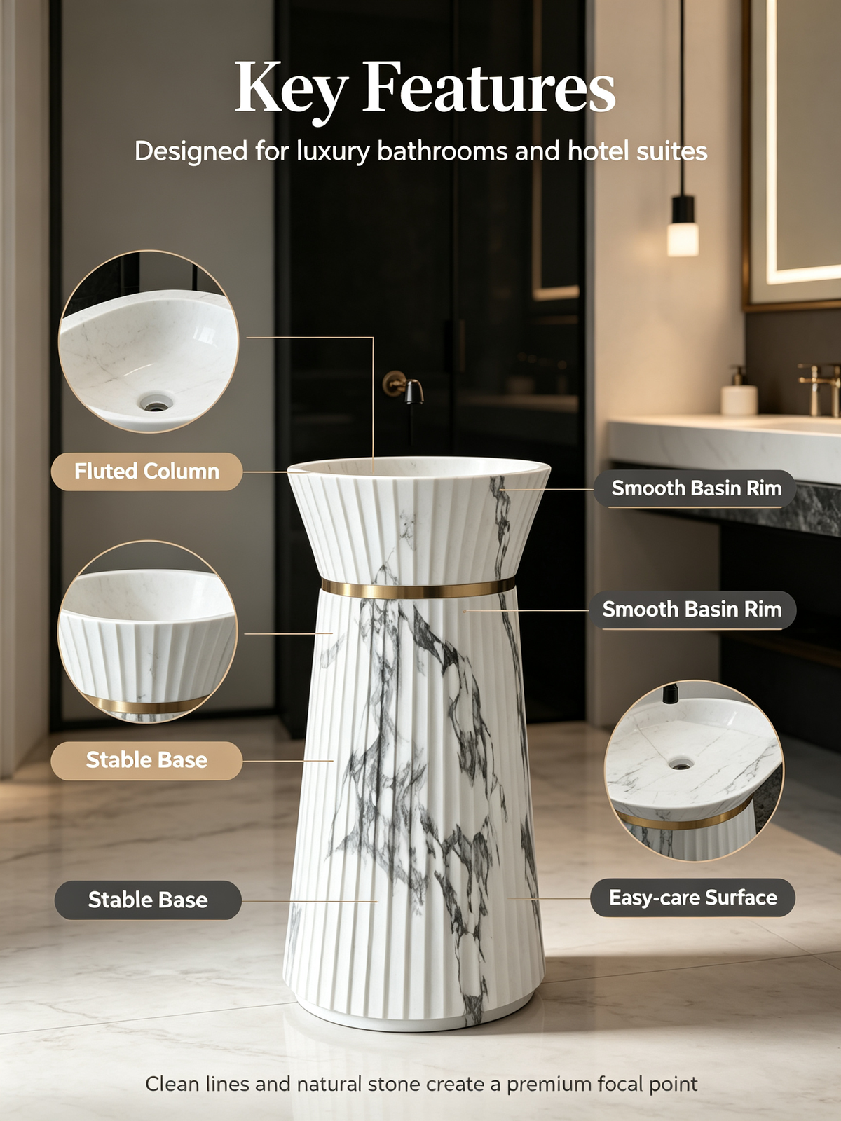 Marble Pedestal Sink | Fluted Gold Ring Hourglass Freestanding Basin