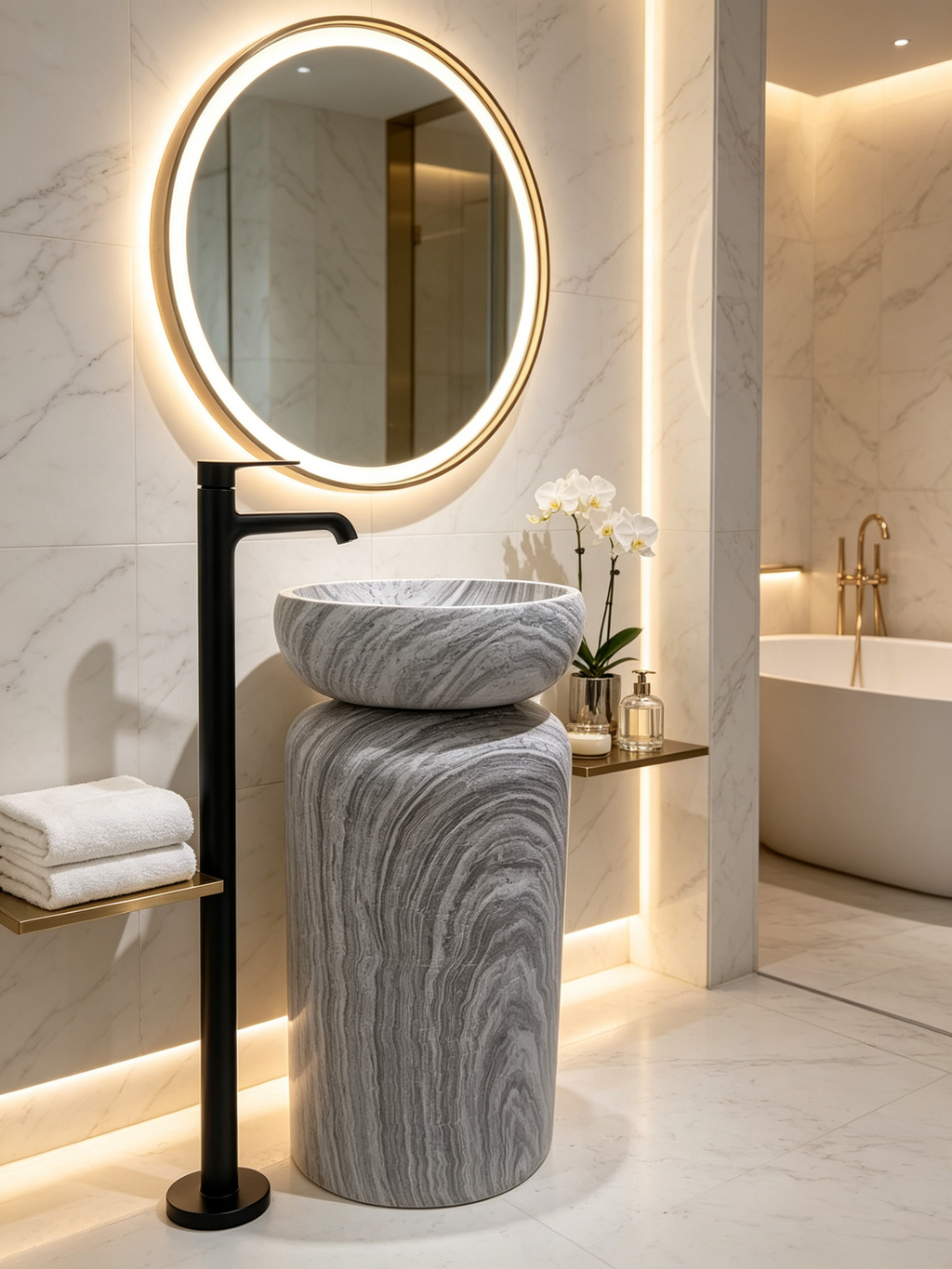 Mushroom Bowl Pedestal Sink | Grey White Striped Freestanding Basin