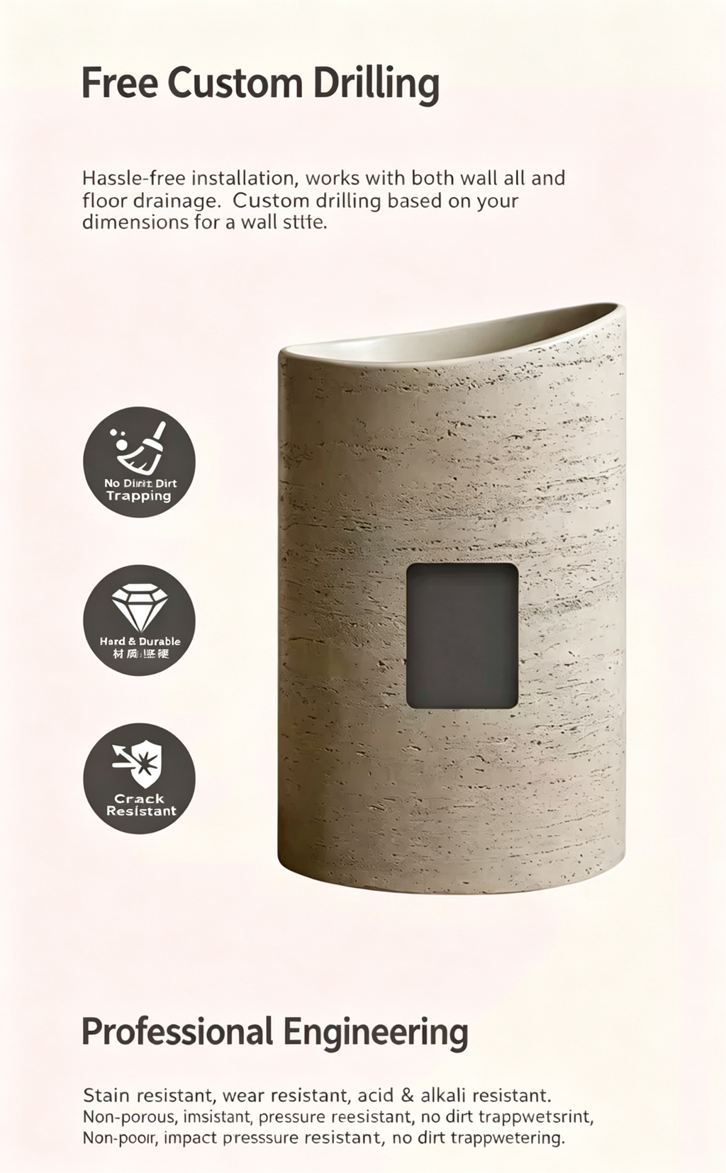Oval Pedestal Sink | Egg-Shaped Slanted Rim Travertine Artificial Stone Freestanding Basin