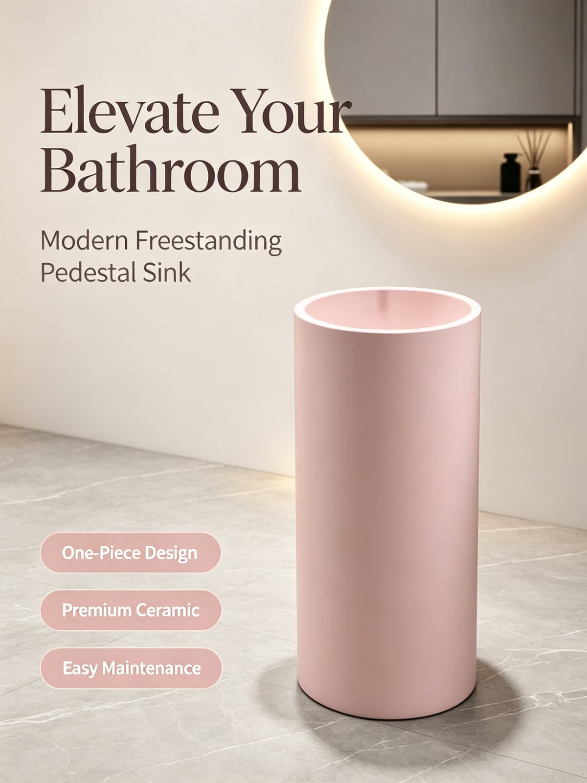 Matte Pink Pedestal Sink | Artificial Stone Cylindrical Freestanding Basin
