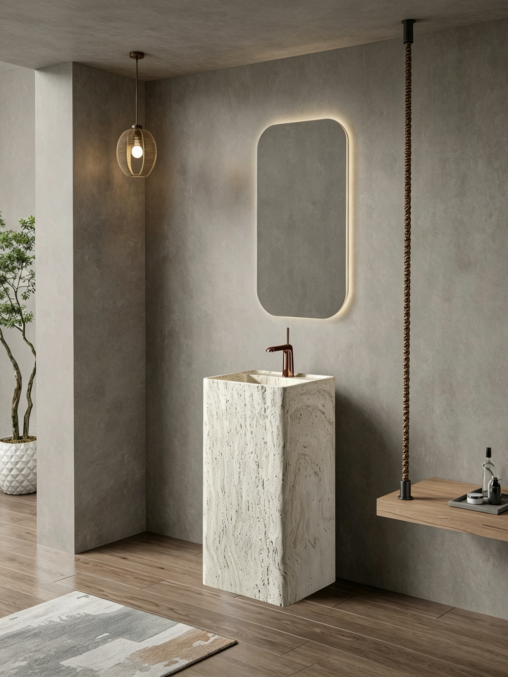Silver Travertine Pedestal Sink | Wood Grain Rounded Square Basin