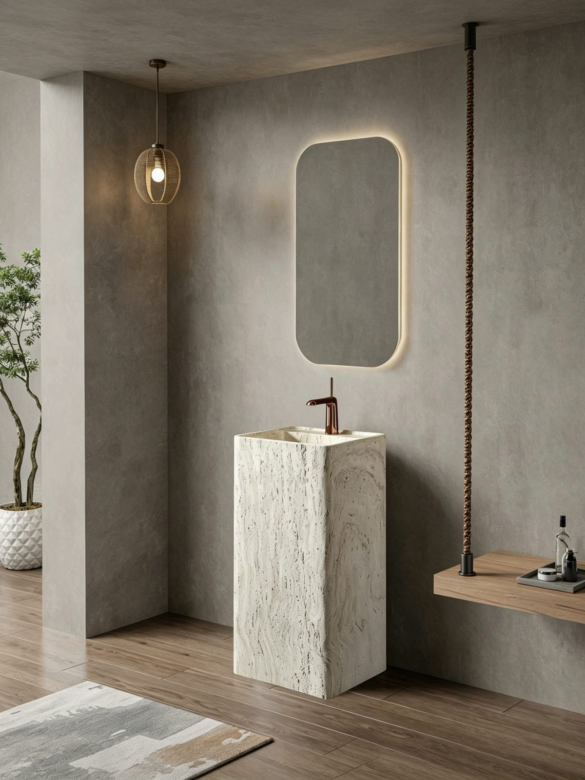 Silver Travertine Pedestal Sink | Wood Grain Rounded Square Basin