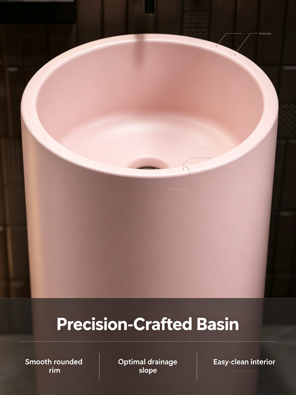 Matte Pink Pedestal Sink | Artificial Stone Cylindrical Freestanding Basin