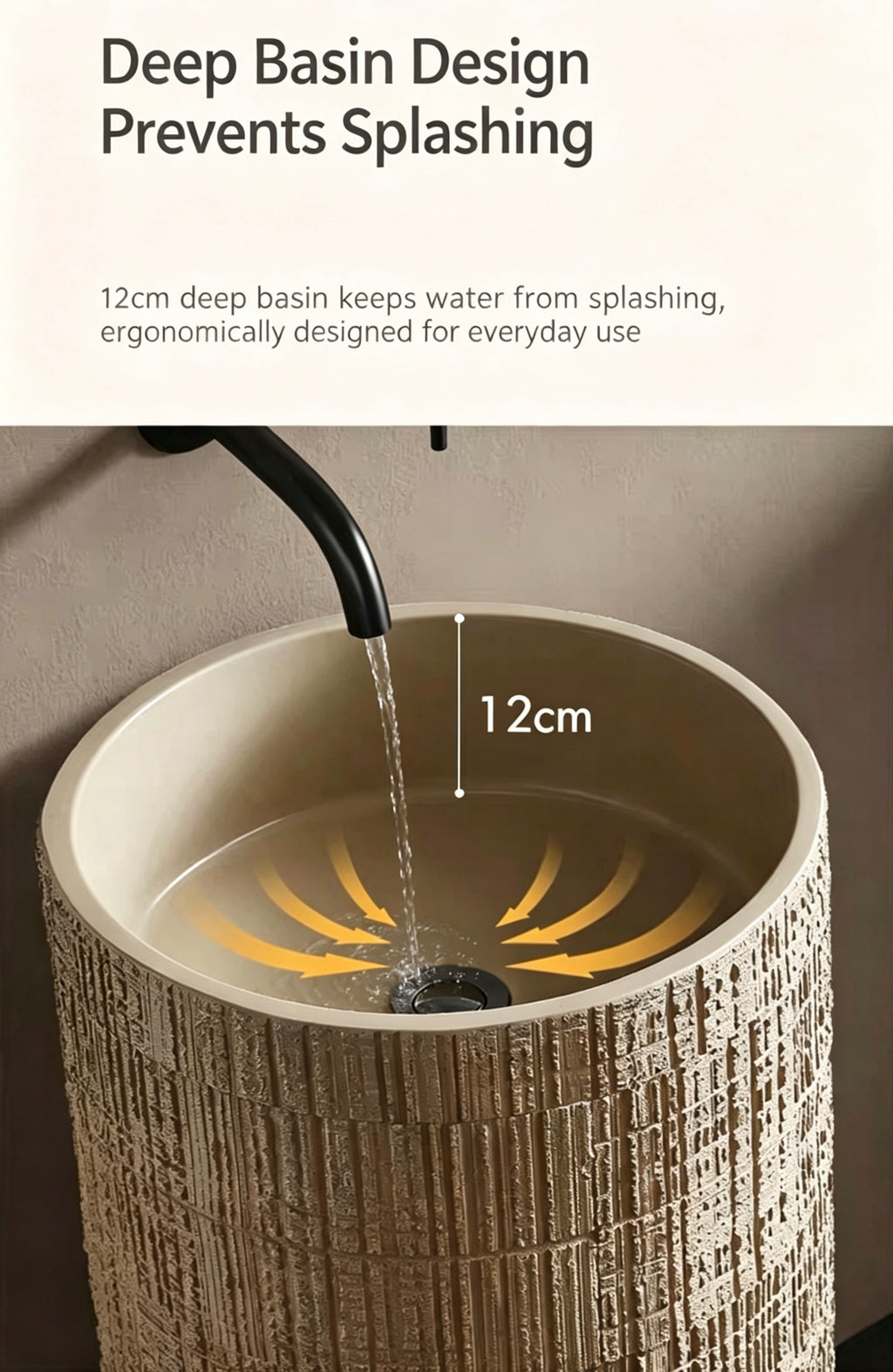 Textured Cylindrical Pedestal Sink | Warm Sand Artificial Stone Freestanding Basin with Free Custom Drilling