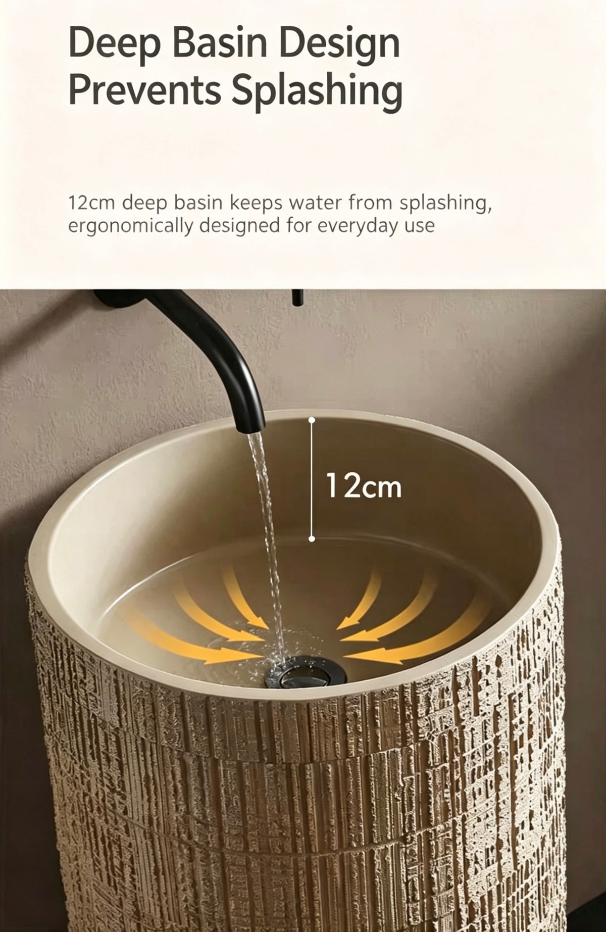 Textured Cylindrical Pedestal Sink | Warm Sand Artificial Stone Freestanding Basin with Free Custom Drilling