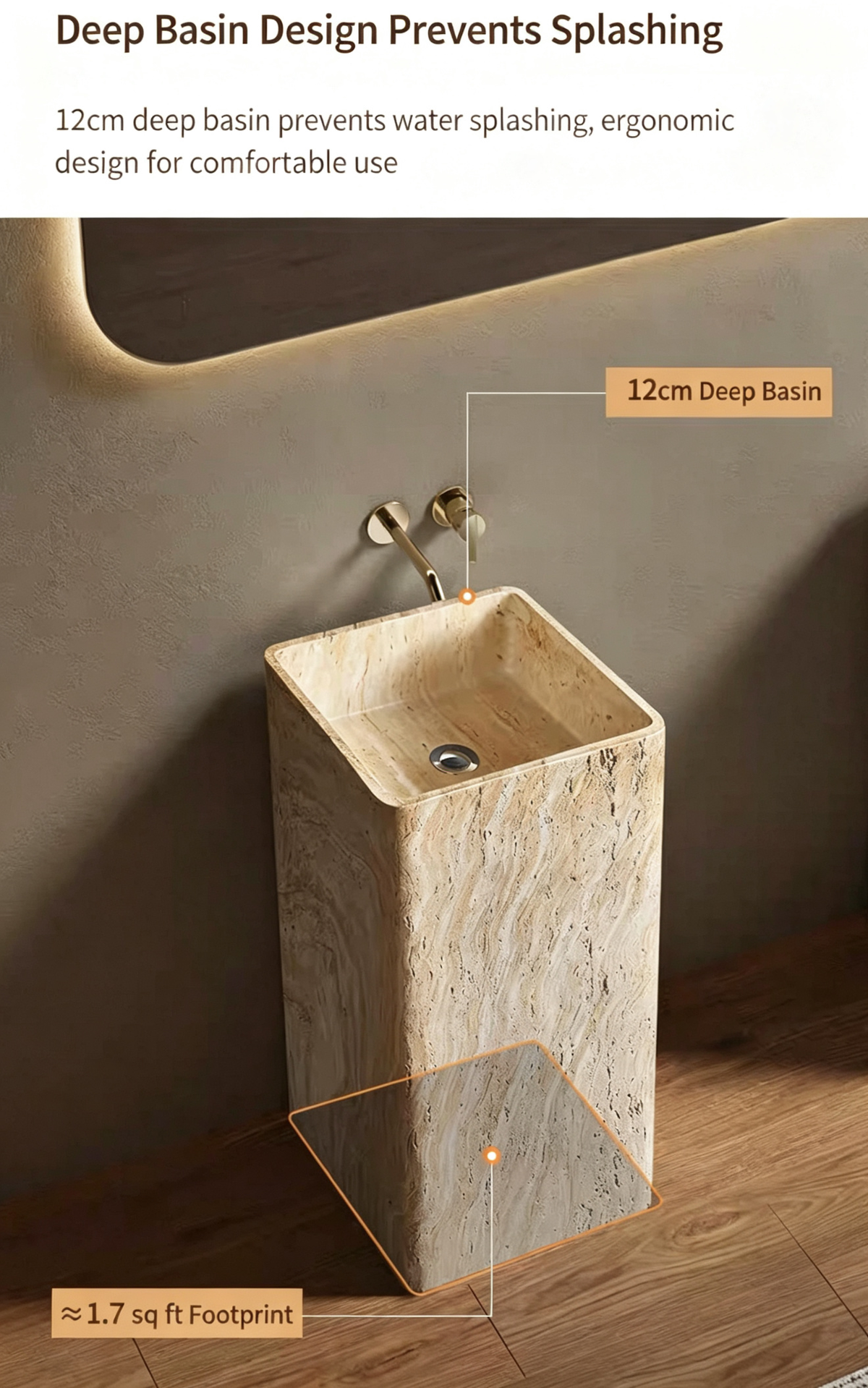 Travertine Pedestal Sink | Warm Cream Artificial Stone Freestanding Basin for Wall-Mount Faucet