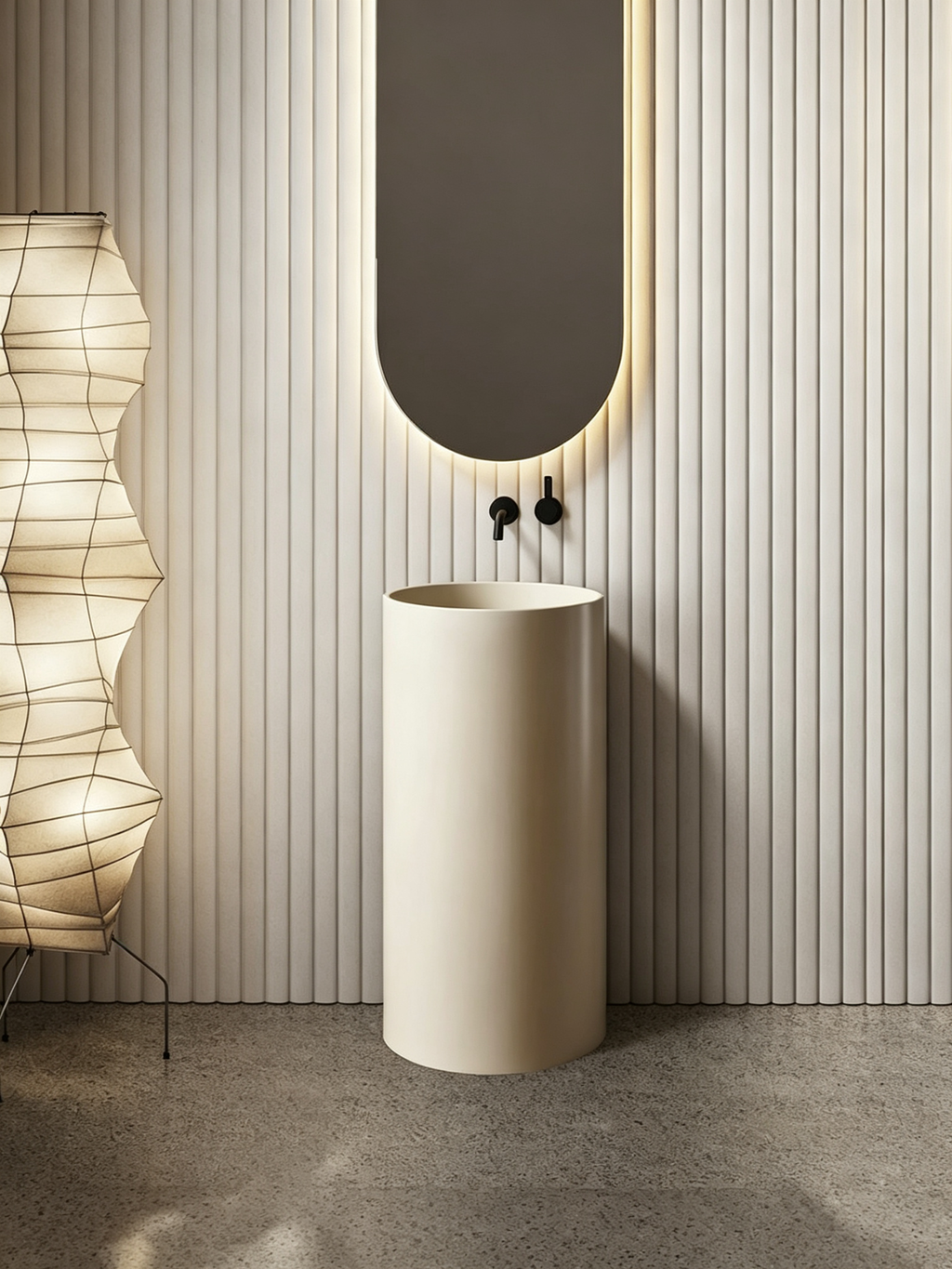 Small Cylindrical Pedestal Sink for Powder Room | Cream Artificial Stone Freestanding Basin