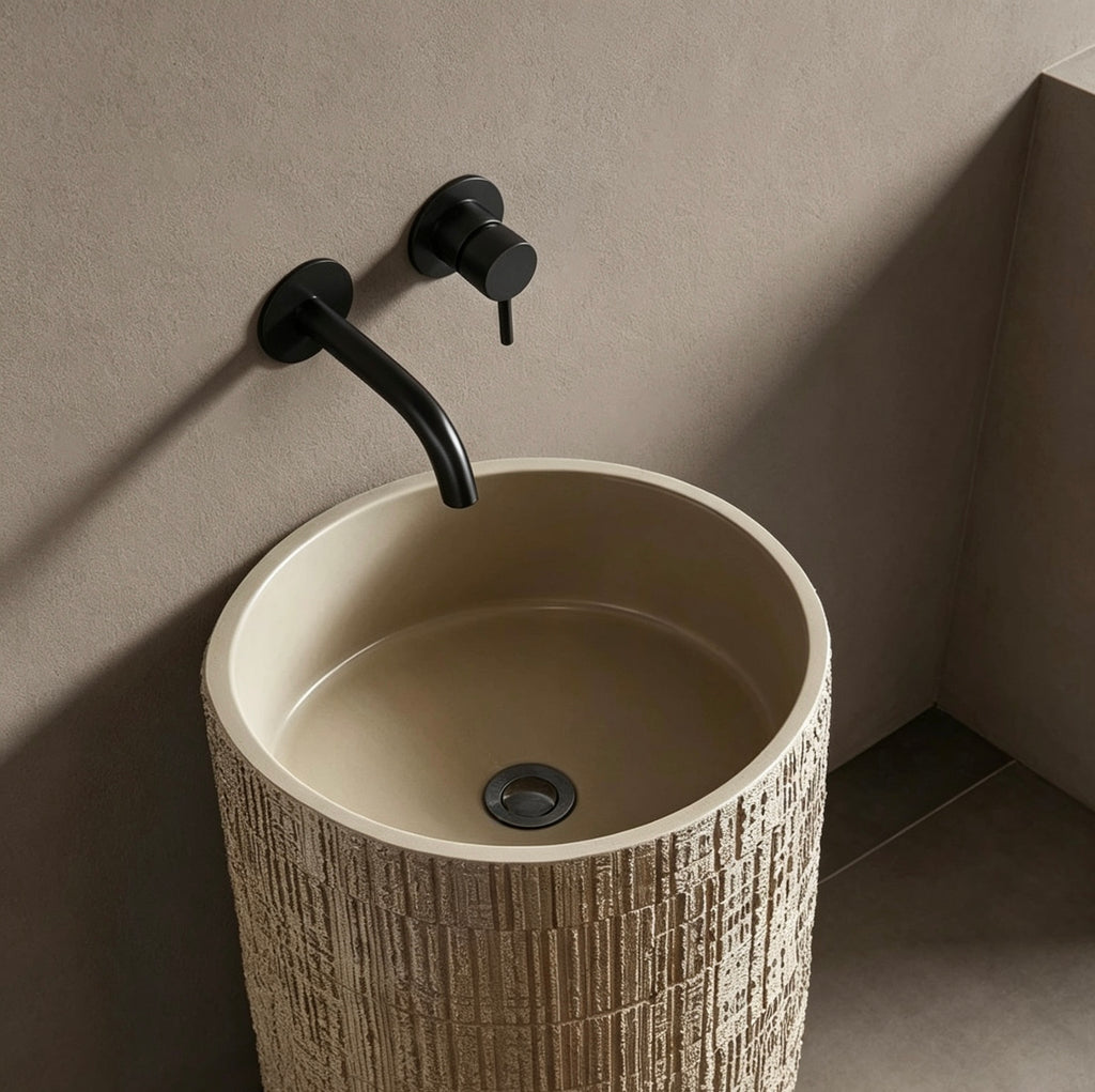 Textured Cylindrical Pedestal Sink | Warm Sand Artificial Stone Freestanding Basin with Free Custom Drilling