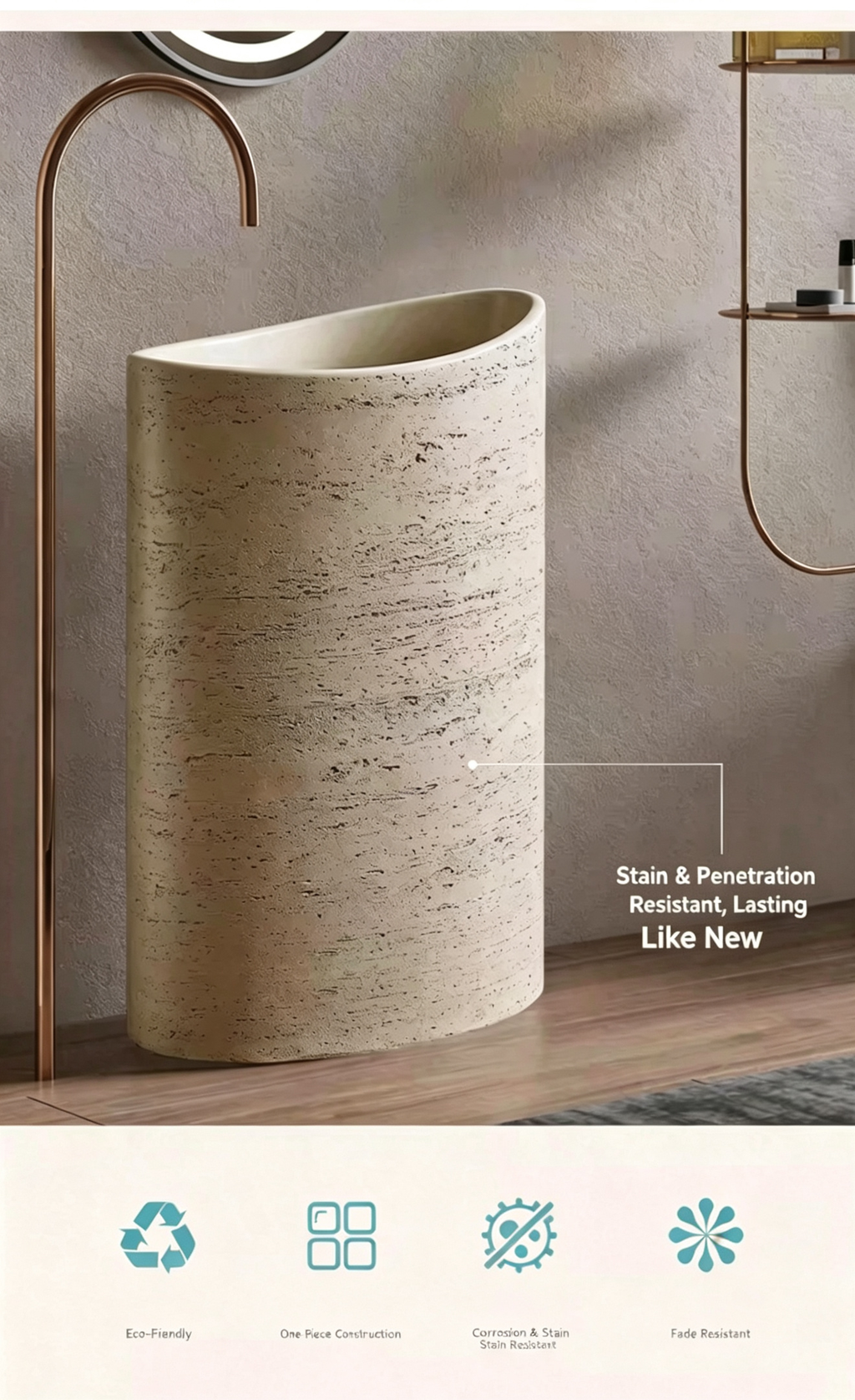 Oval Pedestal Sink | Egg-Shaped Slanted Rim Travertine Artificial Stone Freestanding Basin