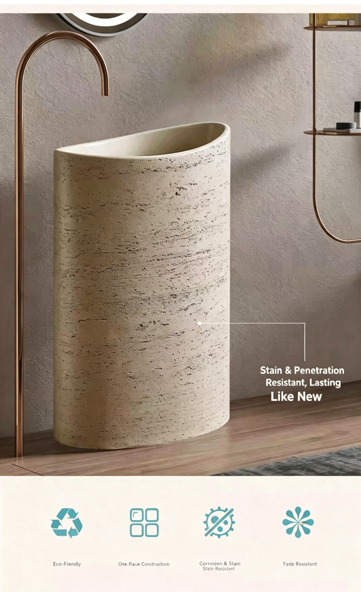 Oval Pedestal Sink | Egg-Shaped Slanted Rim Travertine Artificial Stone Freestanding Basin