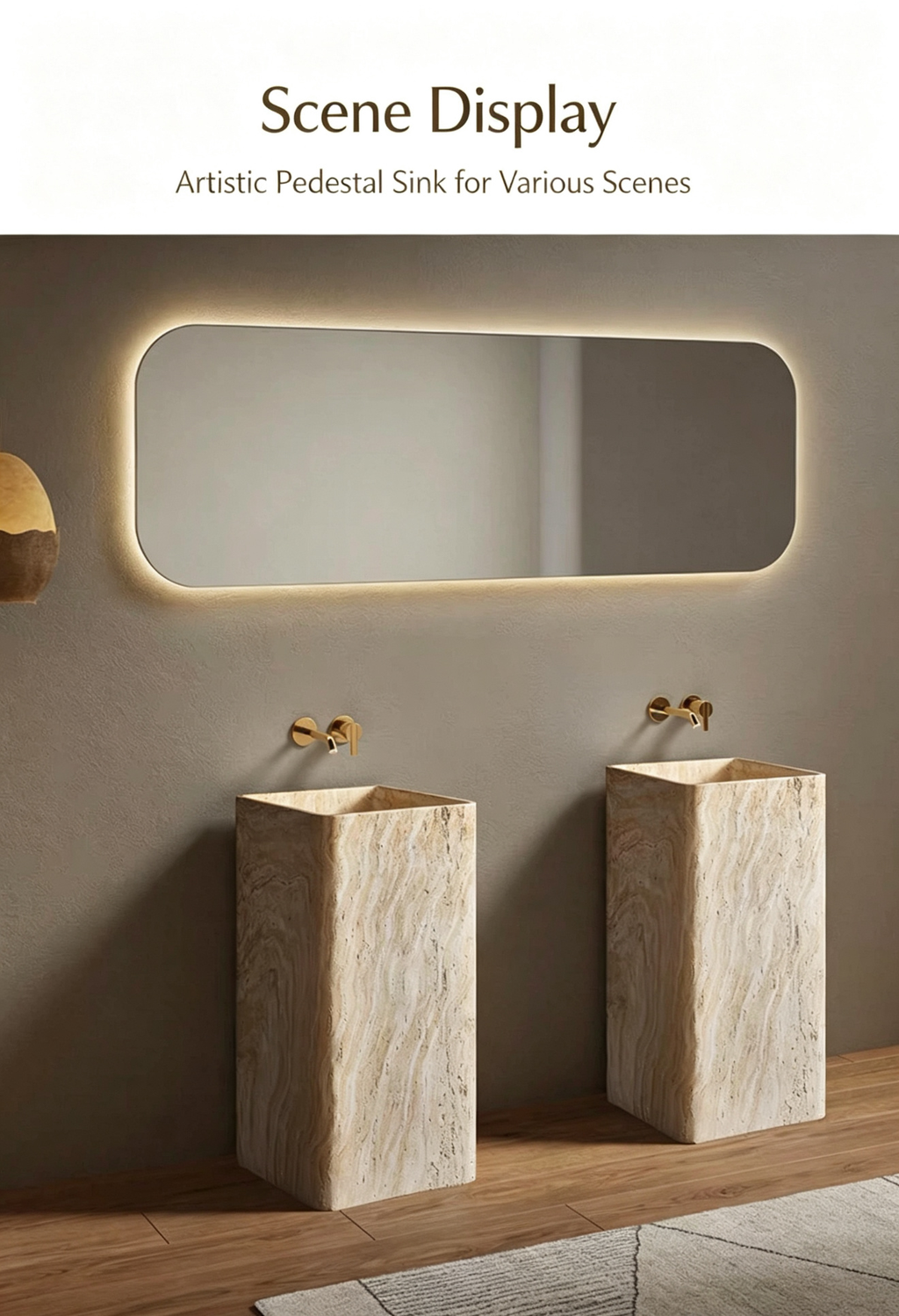 Travertine Pedestal Sink | Warm Cream Artificial Stone Freestanding Basin for Wall-Mount Faucet