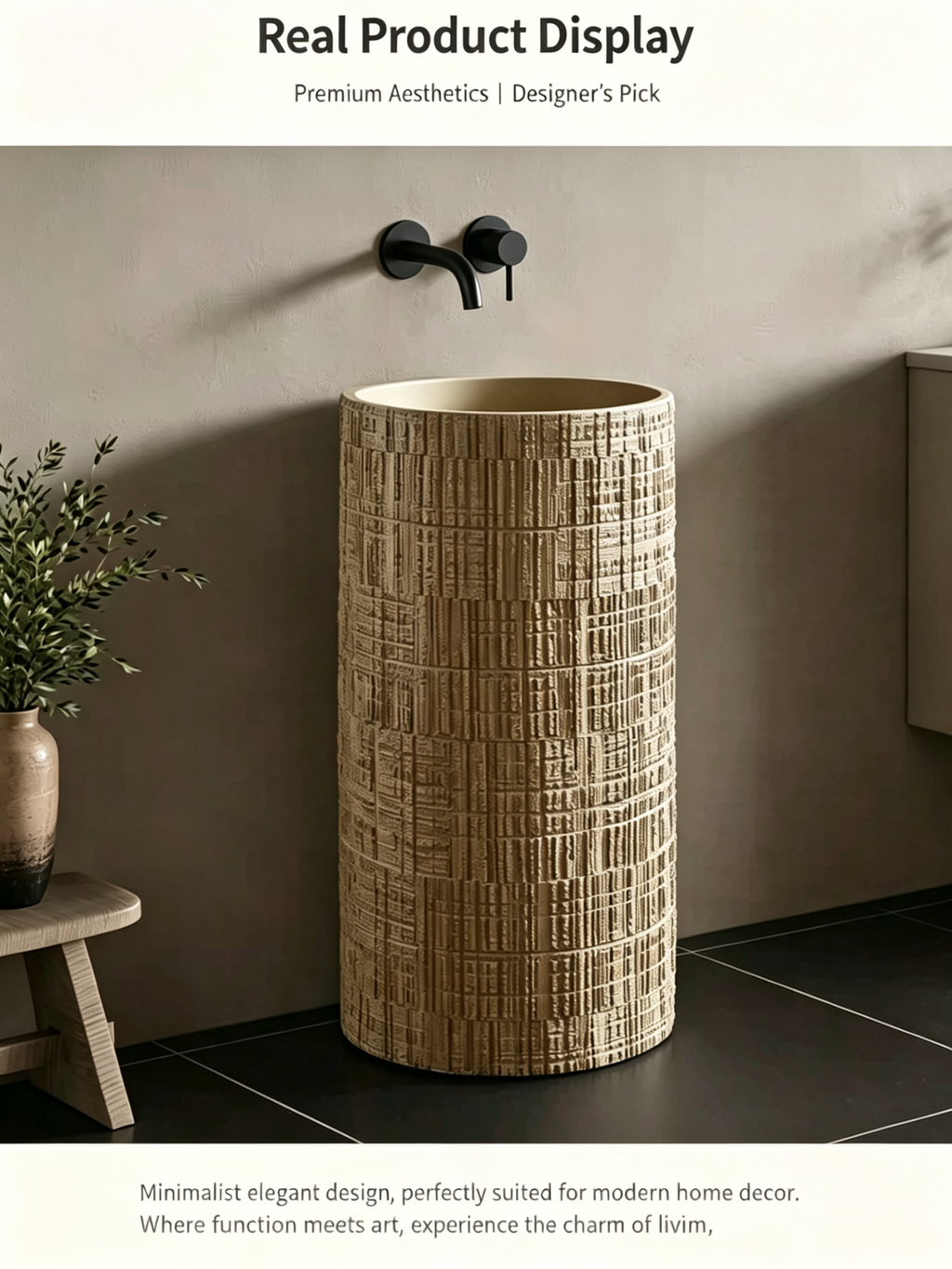 Textured Cylindrical Pedestal Sink | Warm Sand Artificial Stone Freestanding Basin with Free Custom Drilling