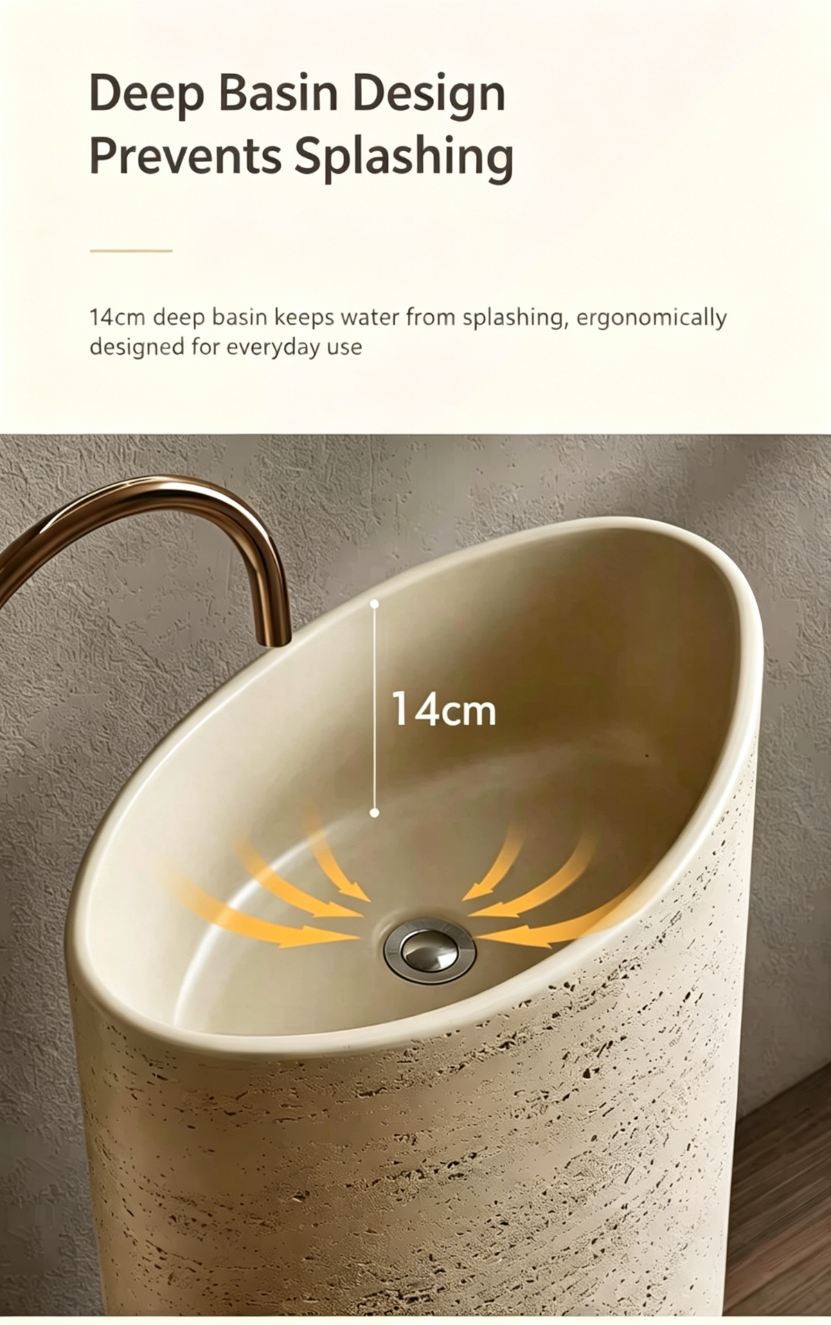 Oval Pedestal Sink | Egg-Shaped Slanted Rim Travertine Artificial Stone Freestanding Basin
