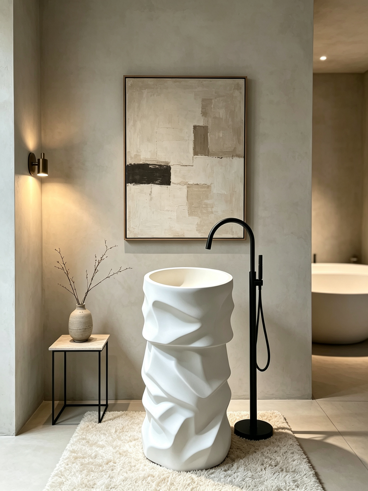 Sculptural Pedestal Sink | Wave Texture White Freestanding Basin