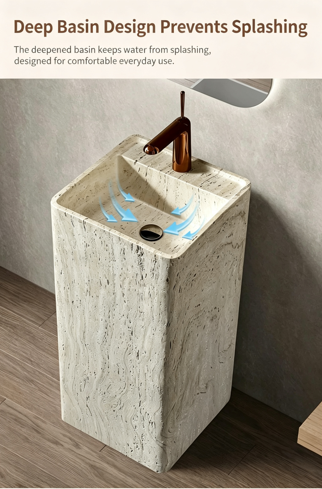 Silver Travertine Pedestal Sink | Wood Grain Rounded Square Basin