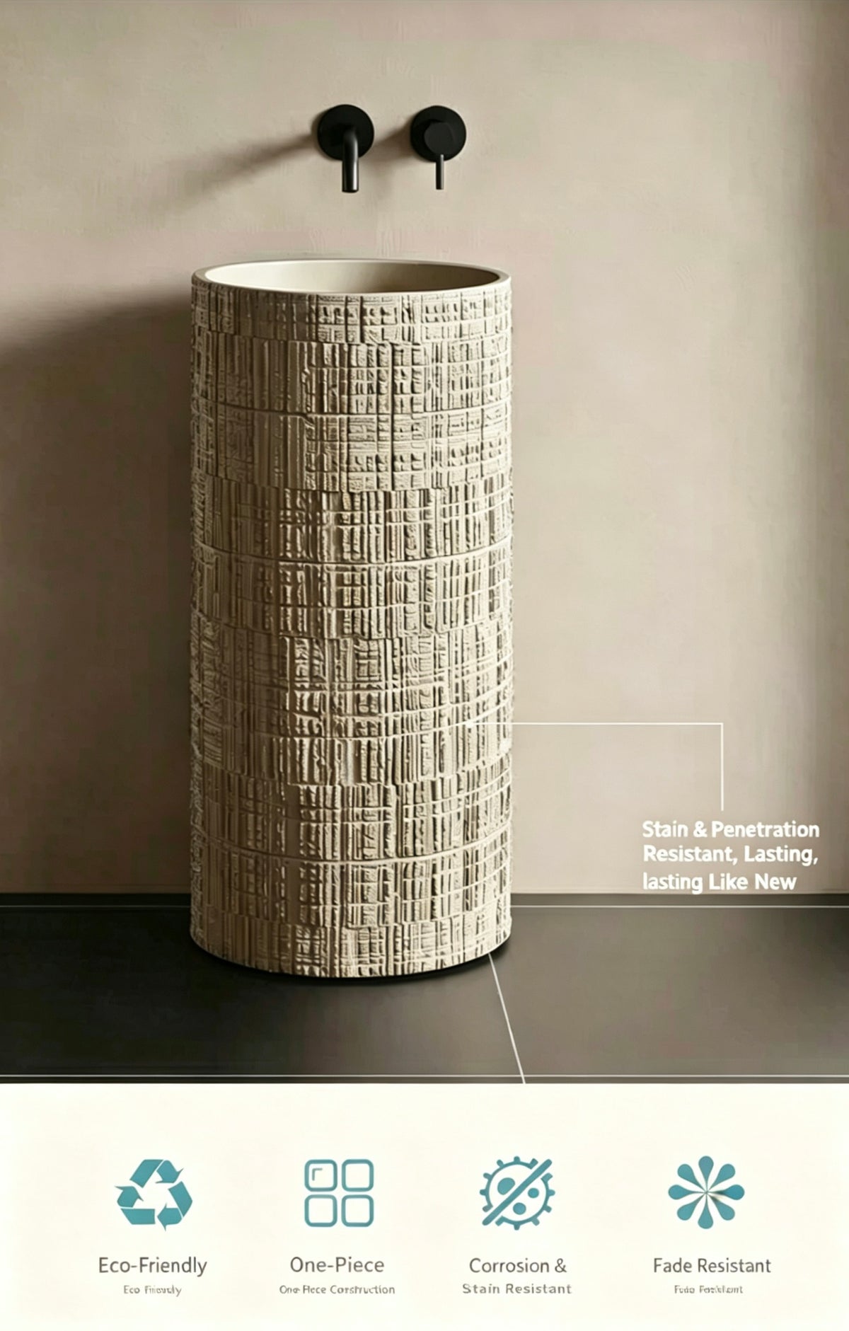 Textured Cylindrical Pedestal Sink | Warm Sand Artificial Stone Freestanding Basin with Free Custom Drilling