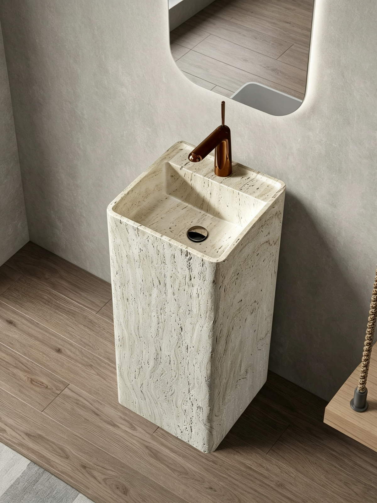 Silver Travertine Pedestal Sink | Wood Grain Rounded Square Basin