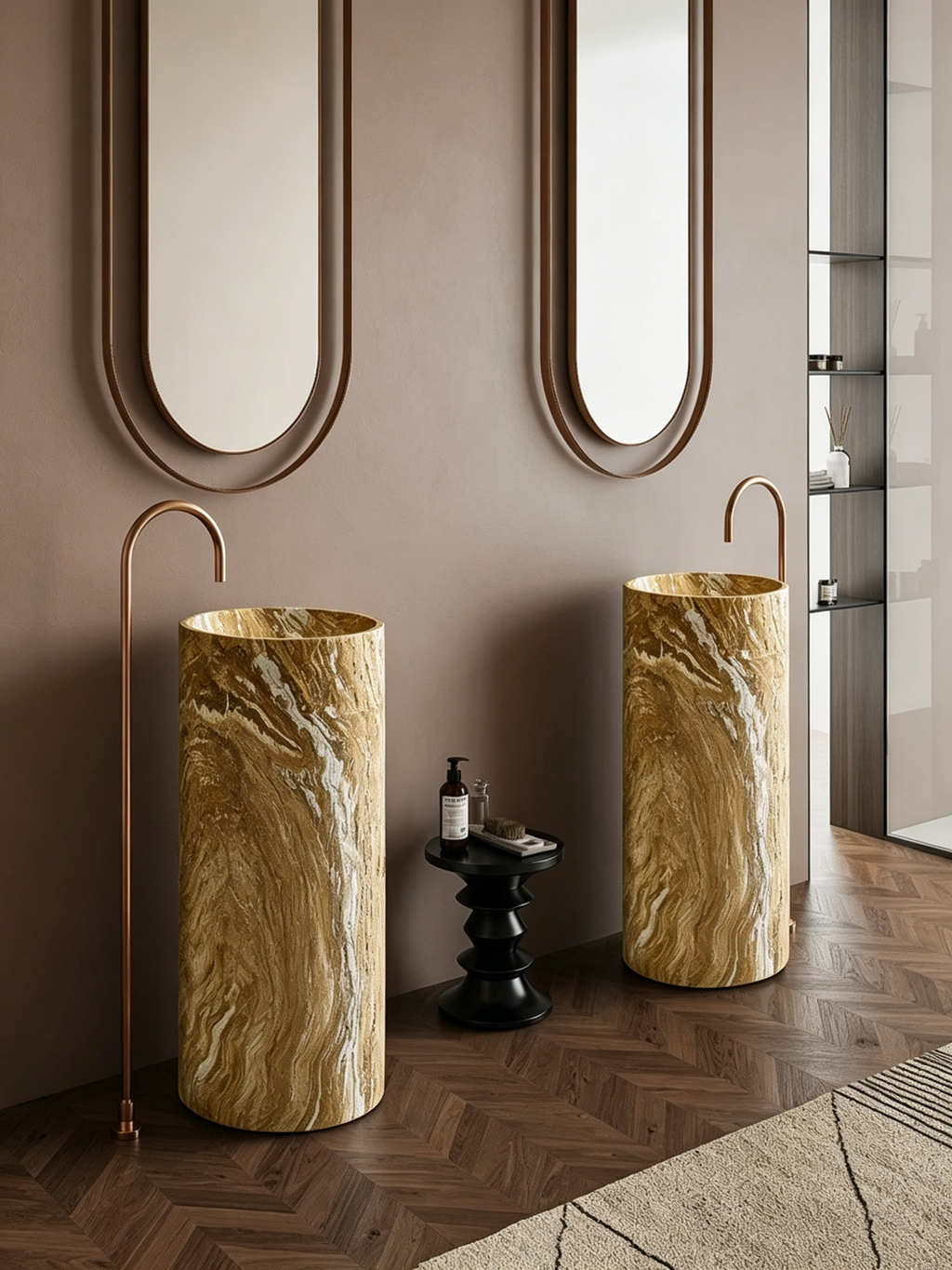 Warm Brown Pedestal Sink | Marble Vein Cylindrical Freestanding Basin